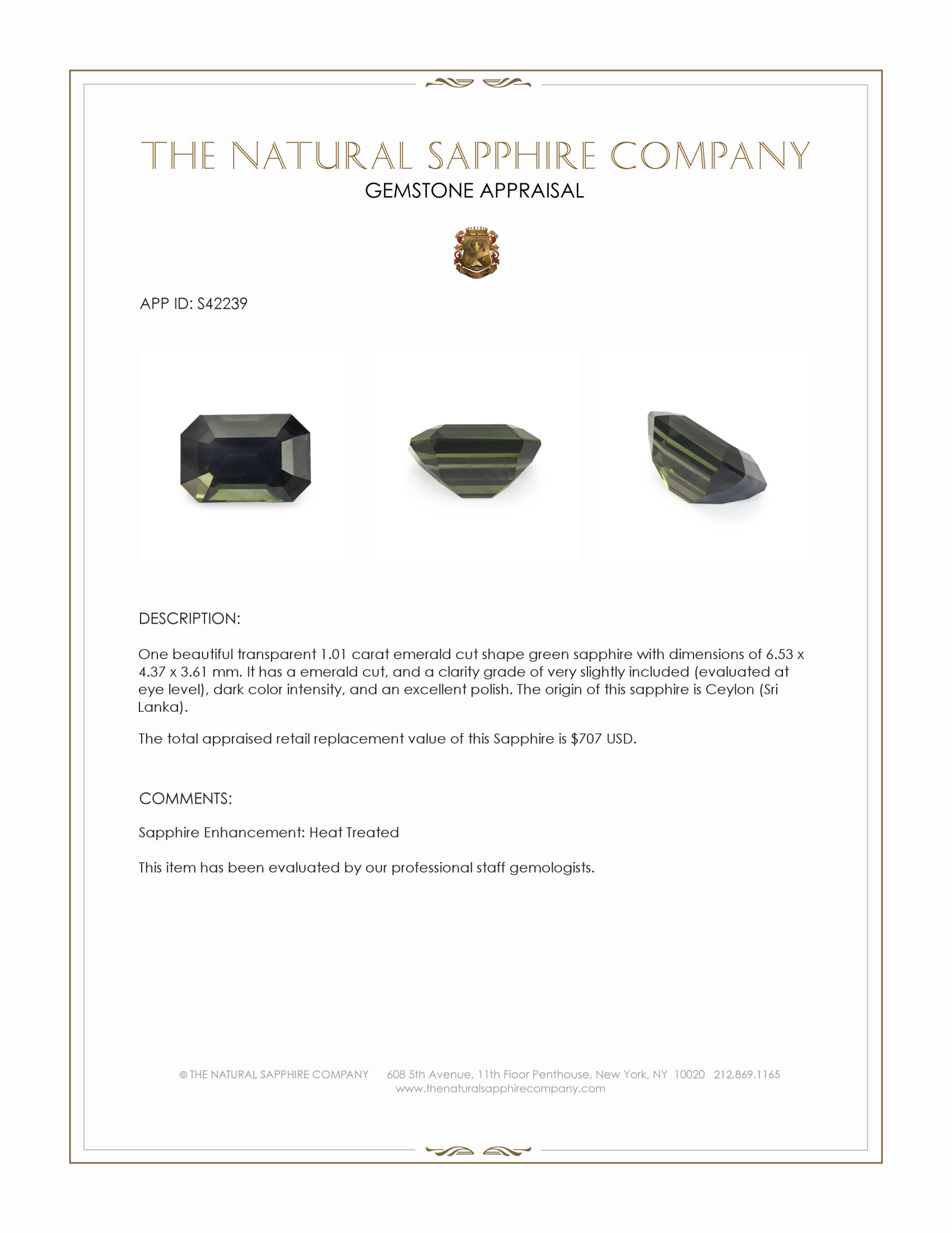 1.01 Ct. Green Sapphire from Ceylon (Sri Lanka)