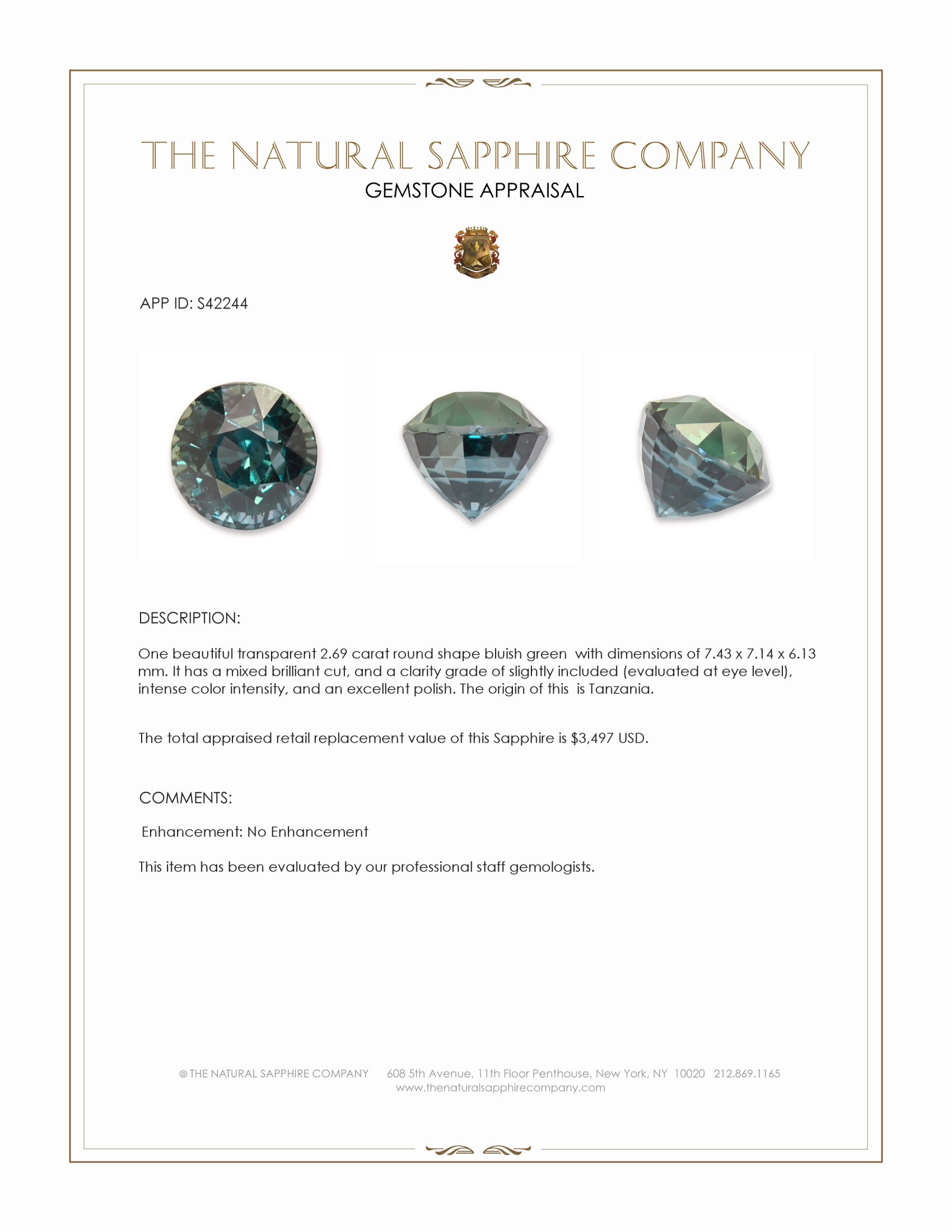 2.69 Ct. Bluish Green Sapphire from Tanzania