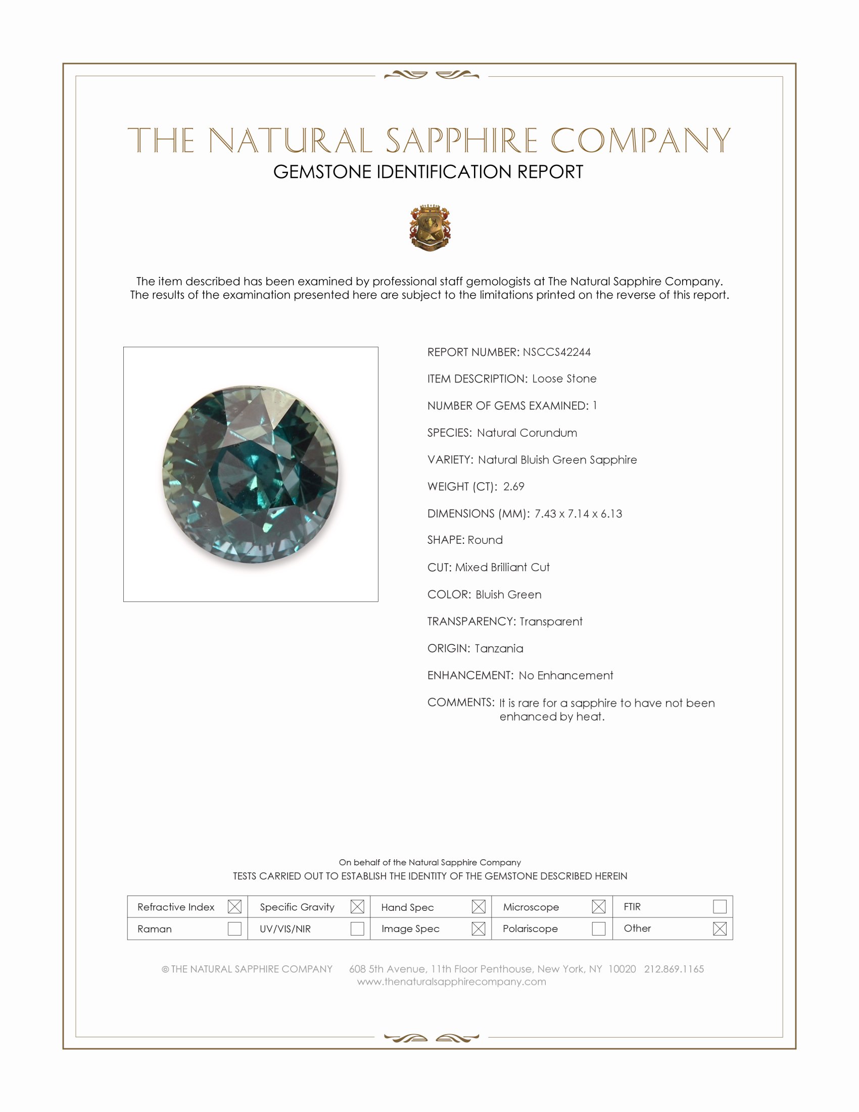 2.69 Ct. Bluish Green Sapphire from Tanzania