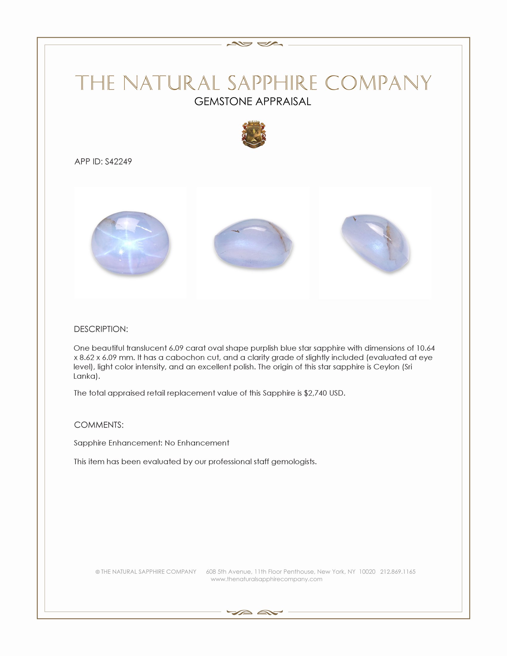 6.09 Ct. Purplish Blue Star Sapphire from Ceylon (Sri Lanka)