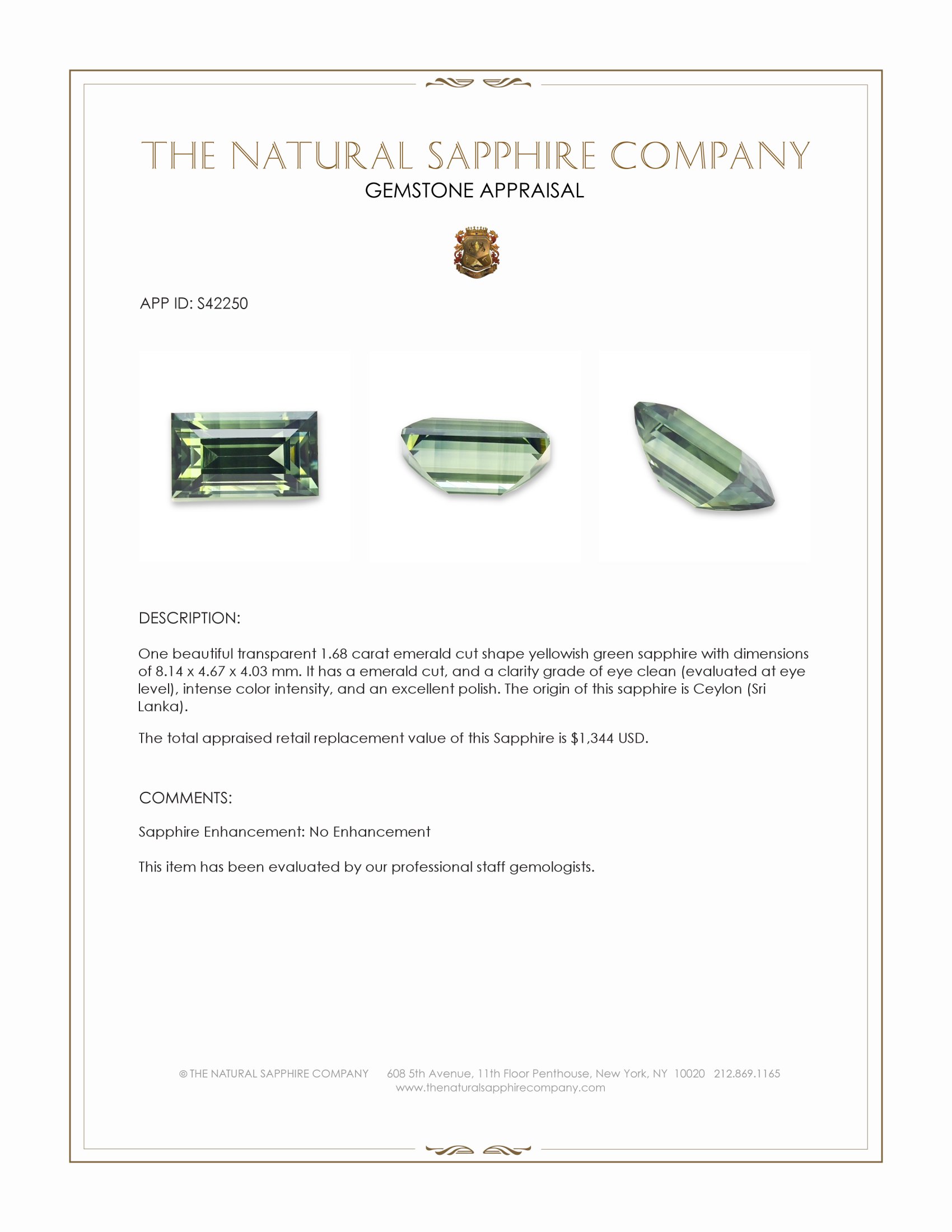 1.68 Ct. Yellowish Green Sapphire from Ceylon (Sri Lanka)