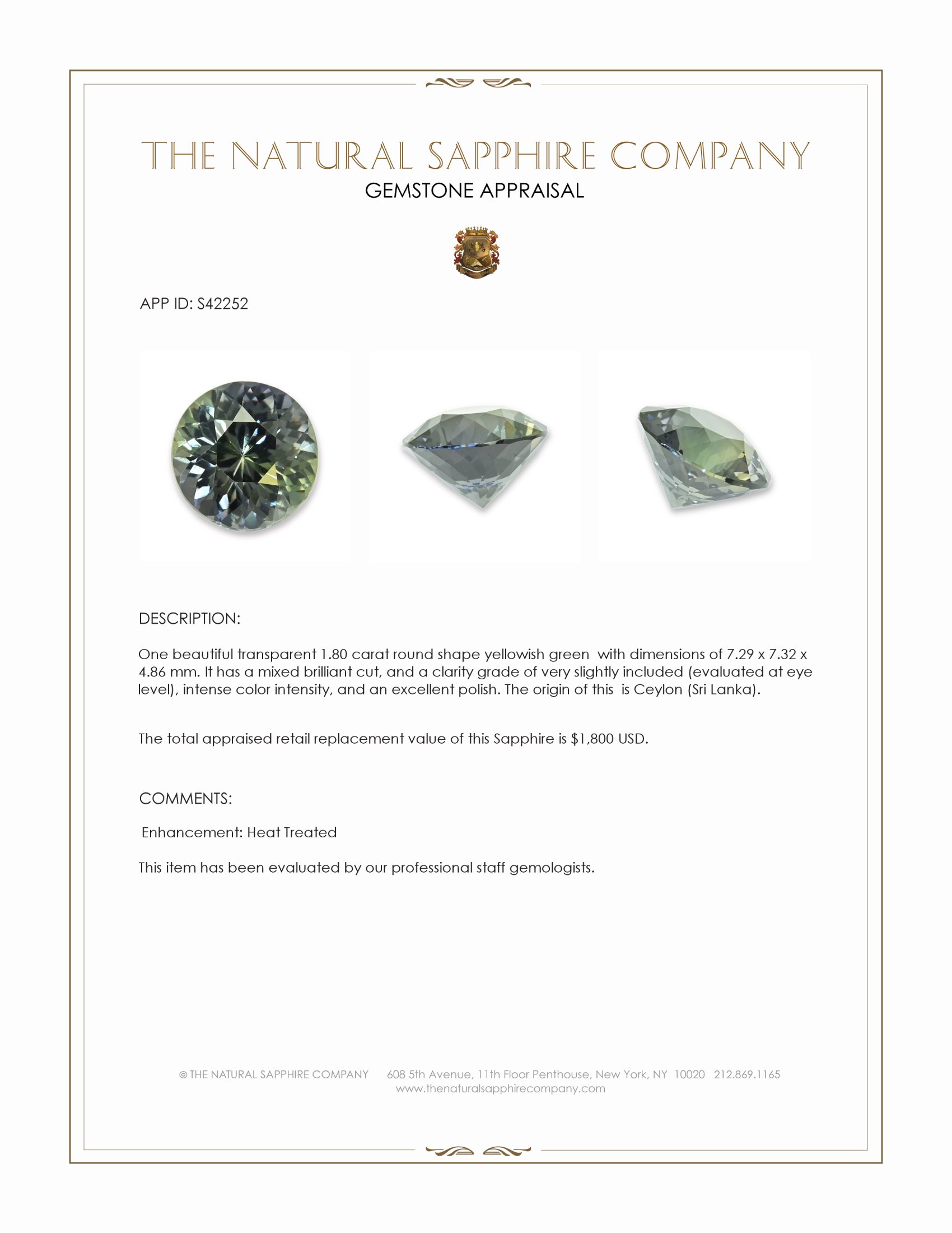 1.80 Ct. Yellowish Green Sapphire from Ceylon (Sri Lanka)