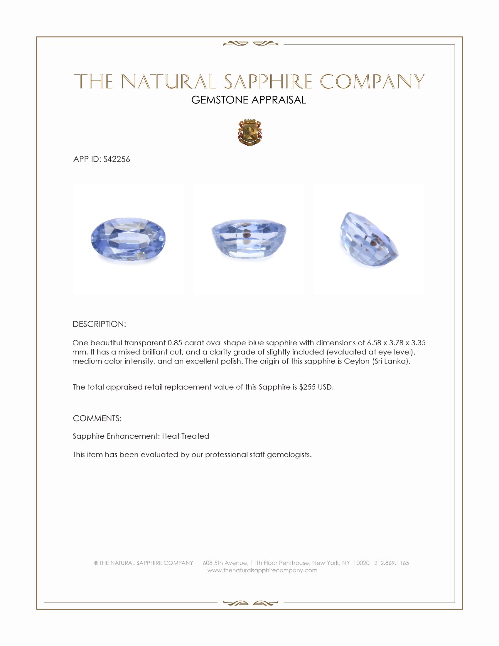 0.85 Ct. Blue Sapphire from Ceylon (Sri Lanka)