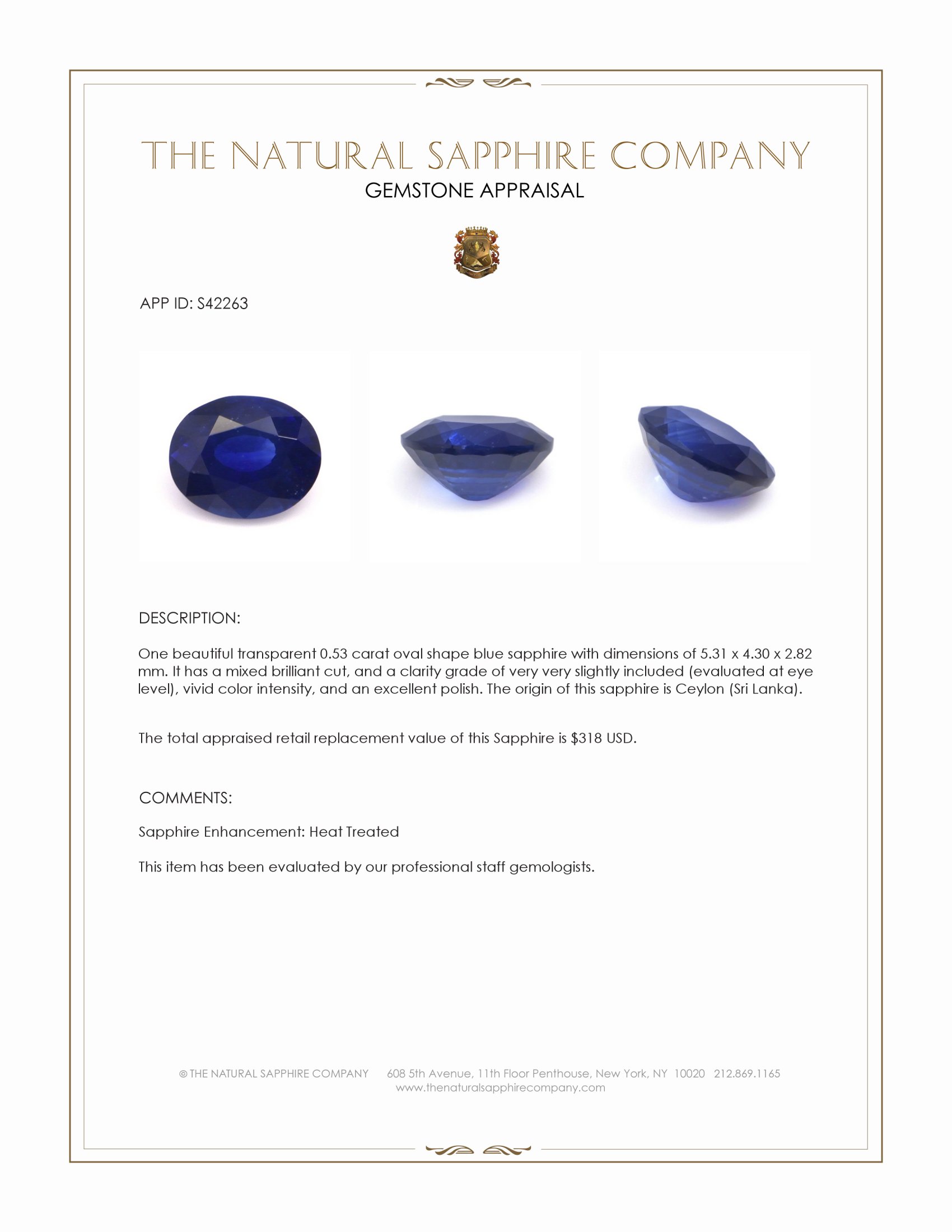 0.53 Ct. Blue Sapphire from Ceylon (Sri Lanka)