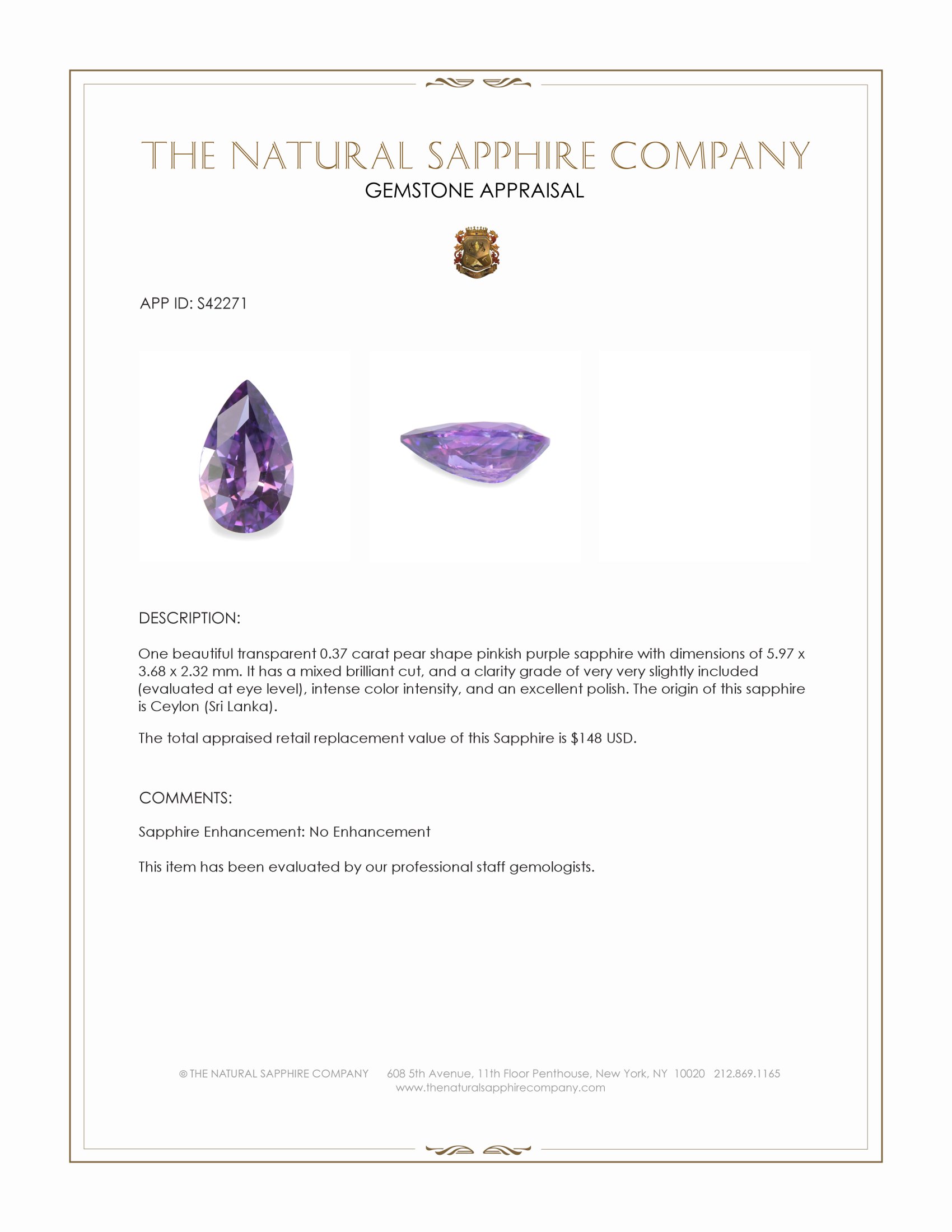 0.37 Ct. Pinkish Purple Sapphire from Ceylon (Sri Lanka)