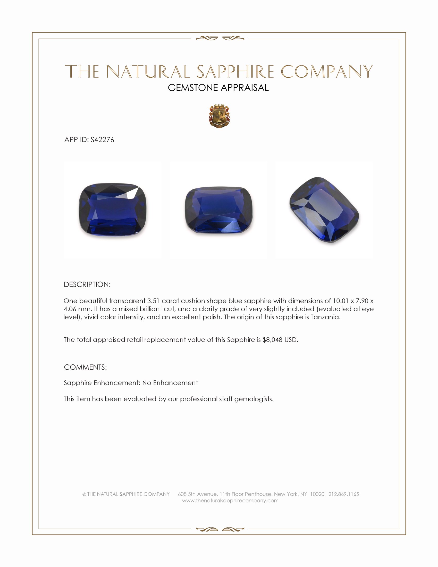 3.51 Ct. Blue Sapphire from Tanzania