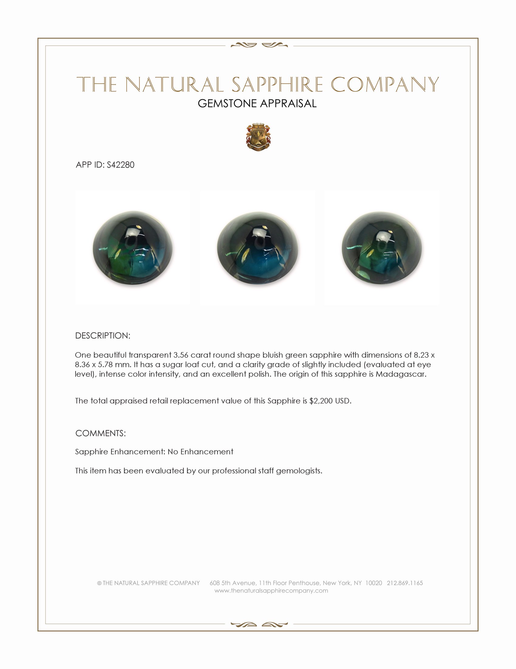 3.56 Ct. Bluish Green Cabochon Sapphire from Madagascar