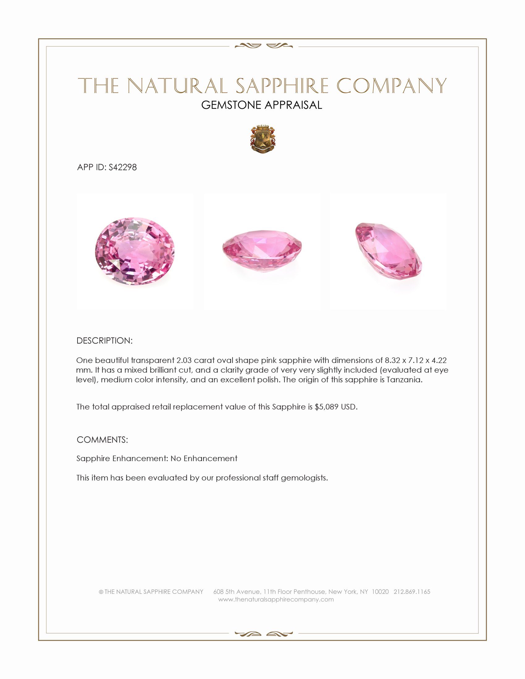 2.03 Ct. Pink Sapphire from Tanzania