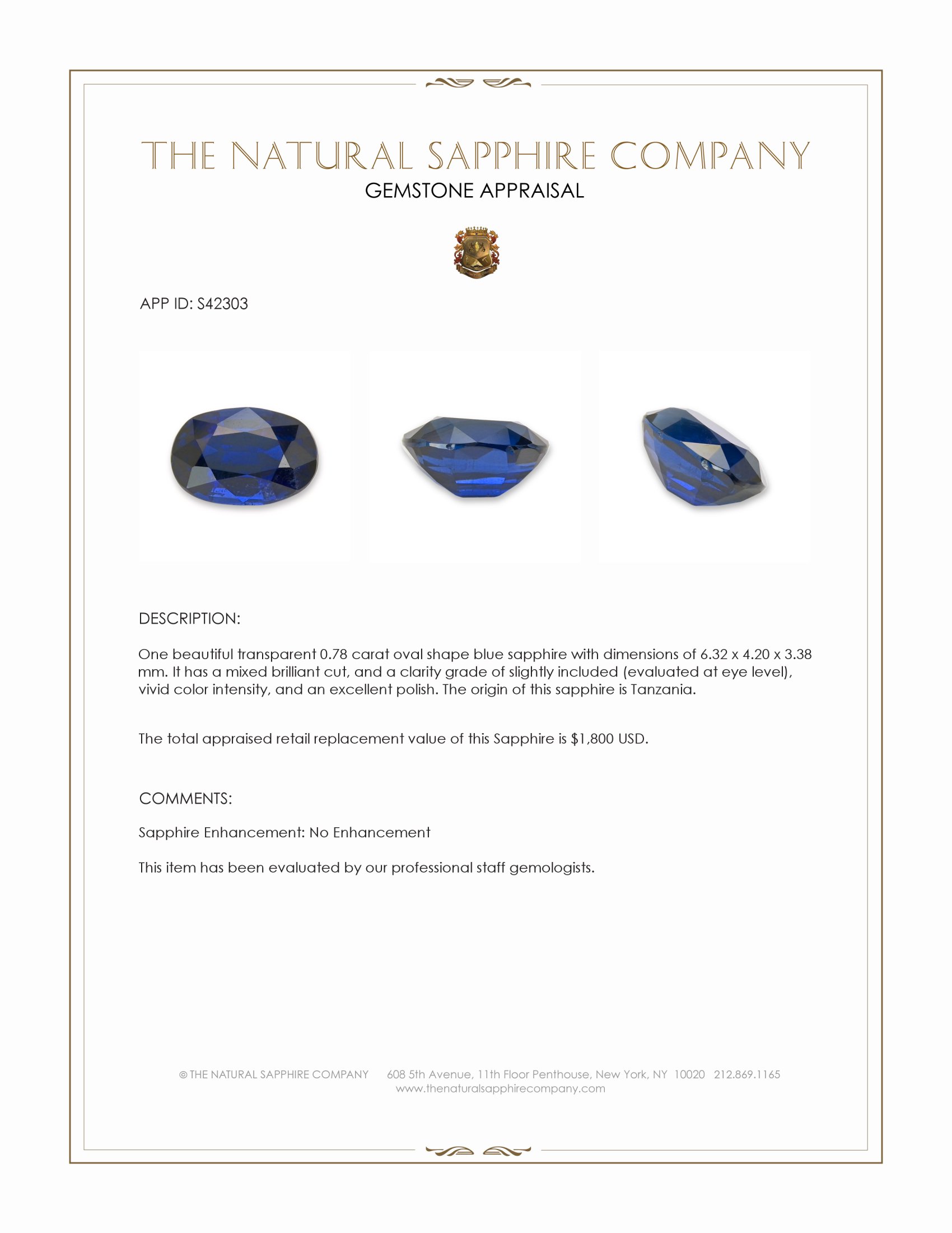 0.78 Ct. Blue Sapphire from Tanzania