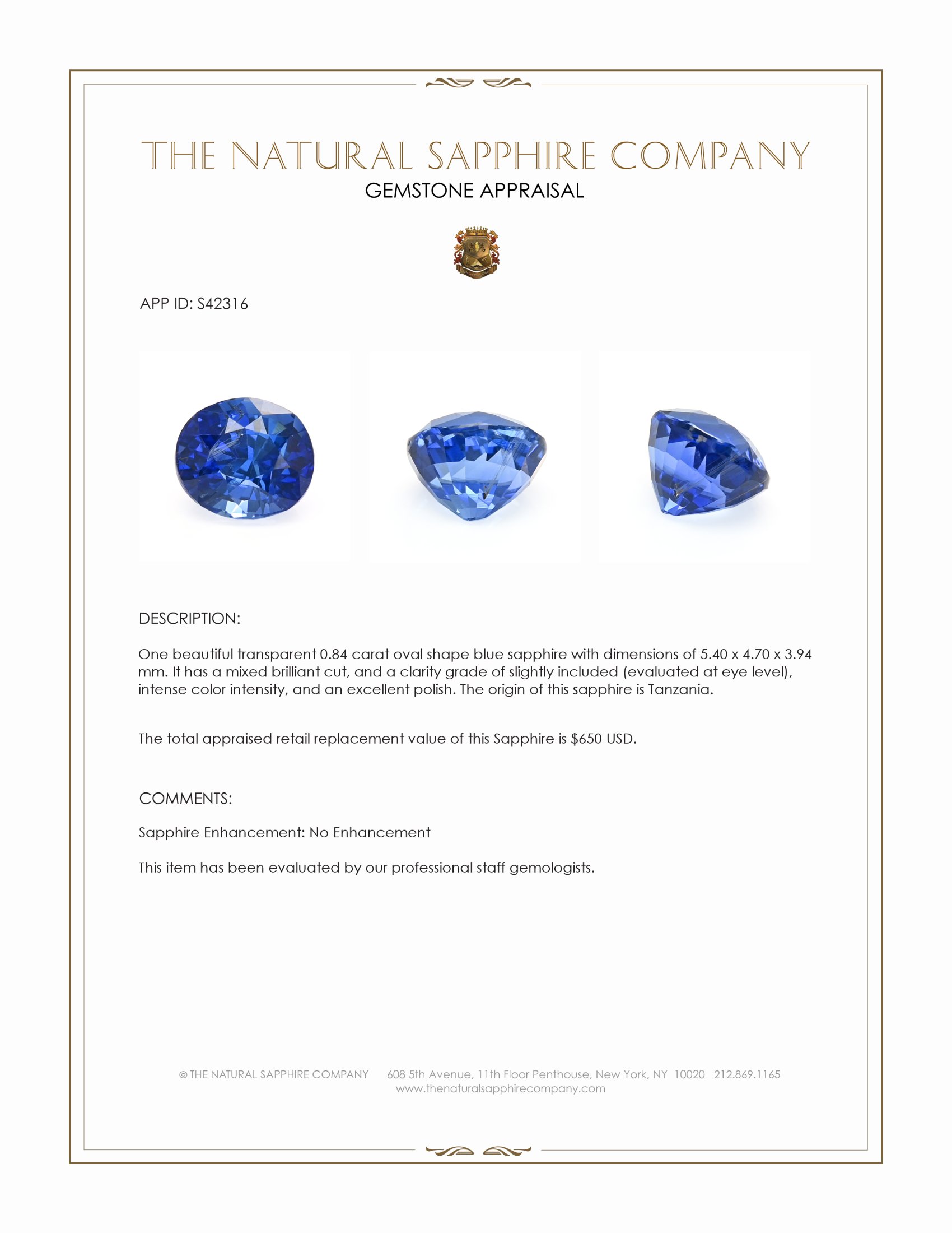 0.84 Ct. Blue Sapphire from Tanzania