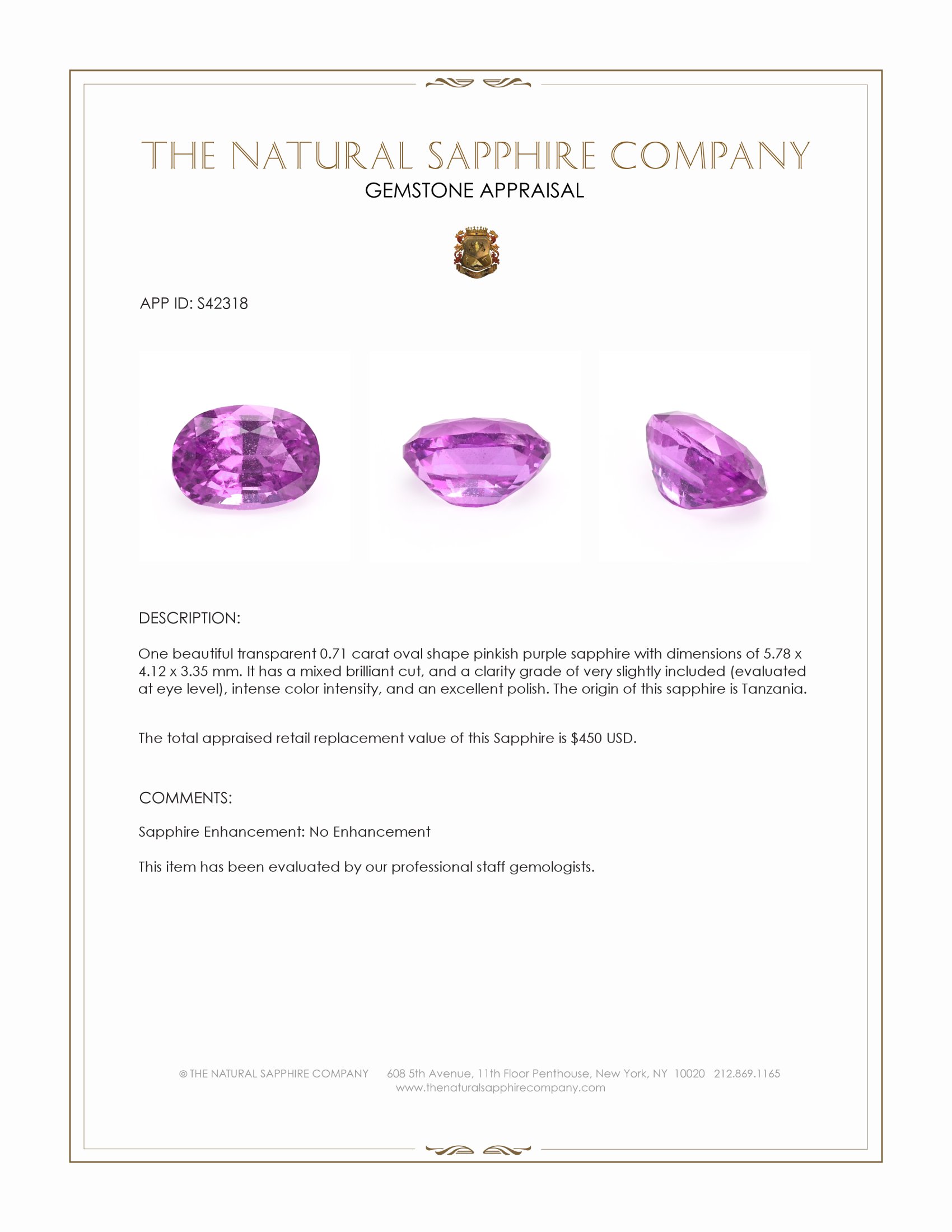 0.71 Ct. Pinkish Purple Sapphire from Tanzania