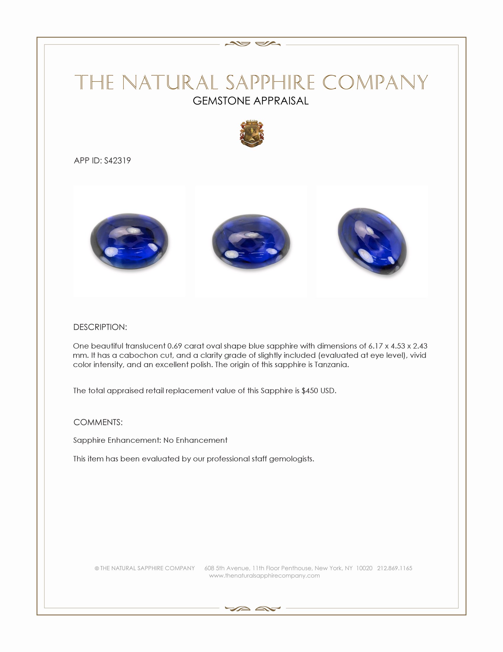 0.69 Ct. Blue Cabochon Sapphire from Tanzania