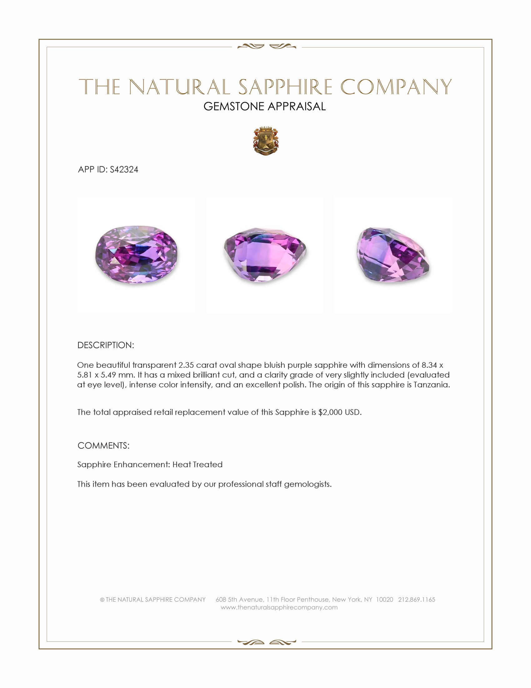 2.35 Ct. Bluish Purple Sapphire from Tanzania