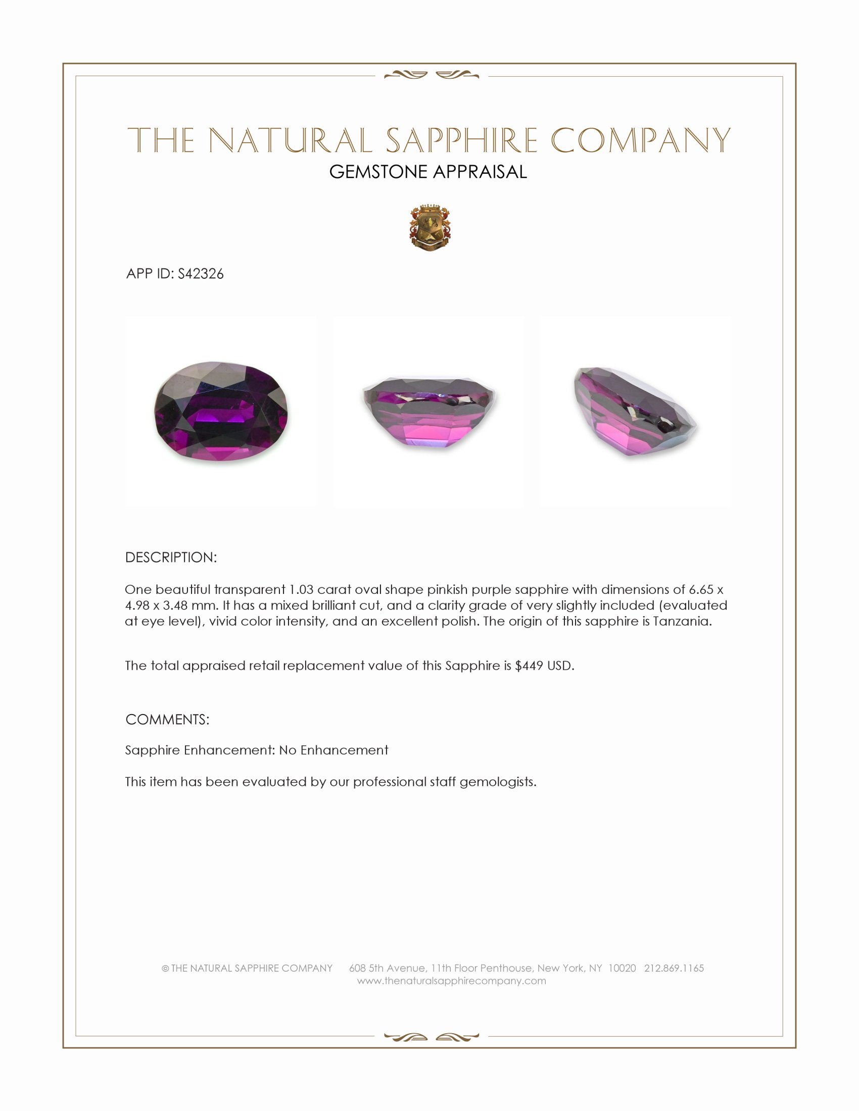 1.03 Ct. Pinkish Purple Sapphire from Tanzania