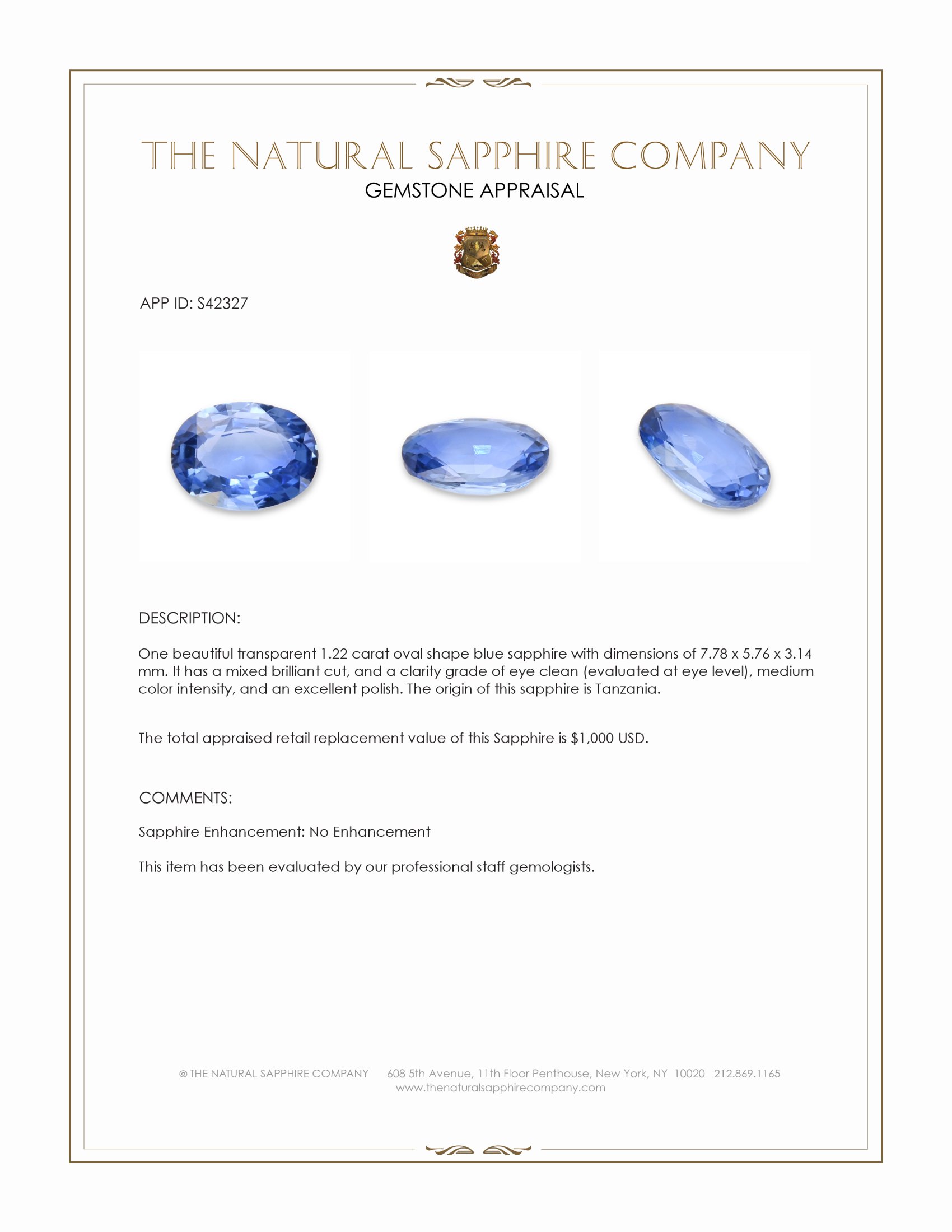 1.22 Ct. Blue Sapphire from Tanzania