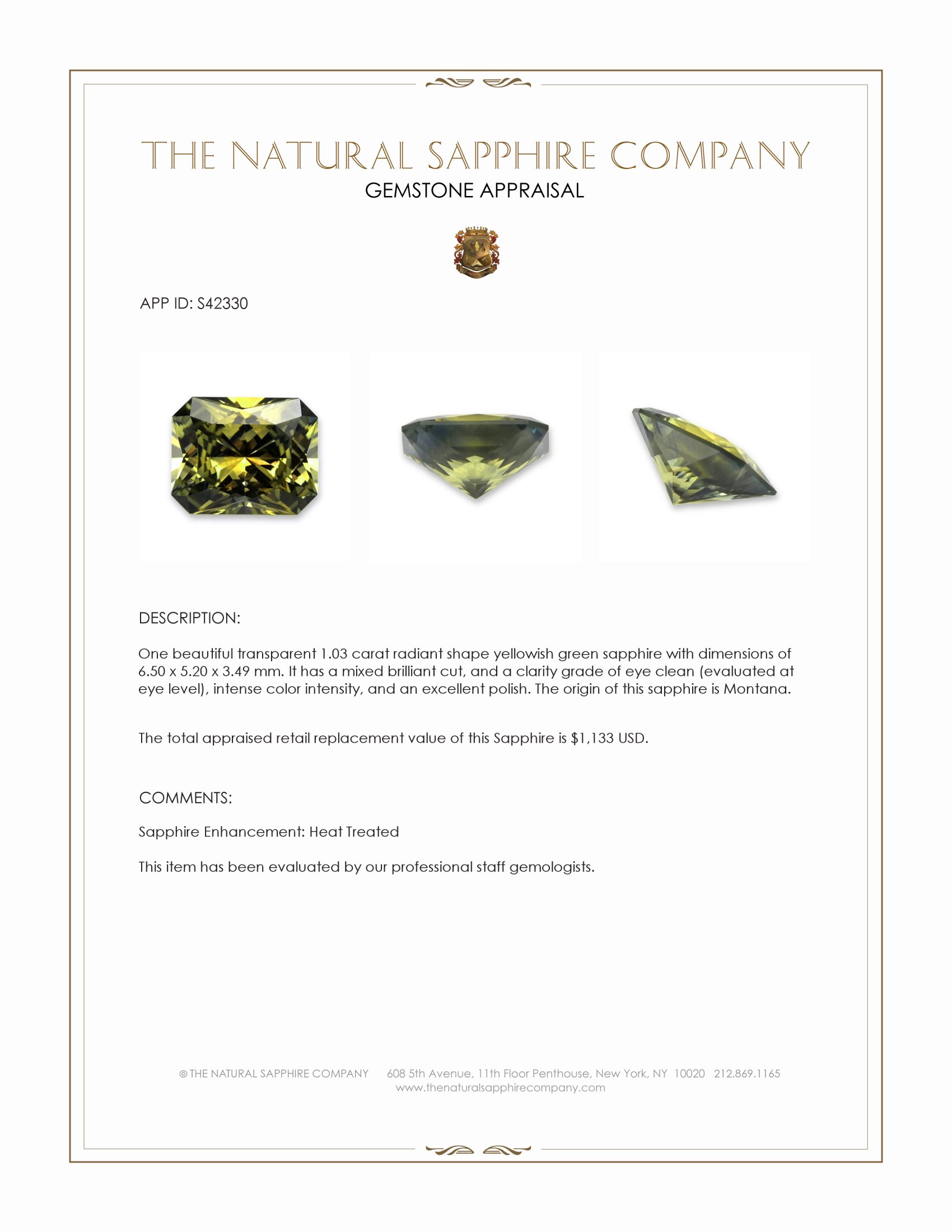 1.03 Ct. Yellowish Green Sapphire from Montana