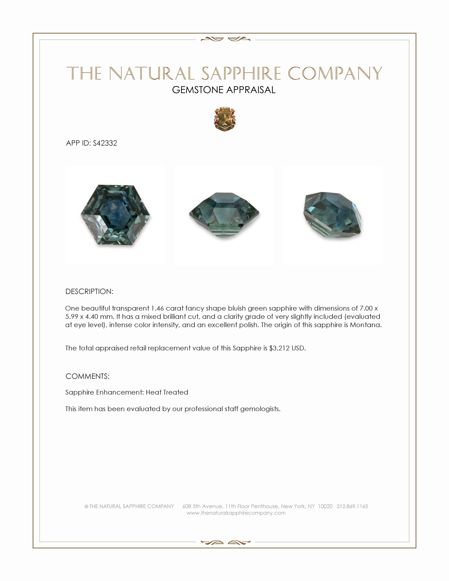 1.46 Ct. Bluish Green Sapphire from Montana
