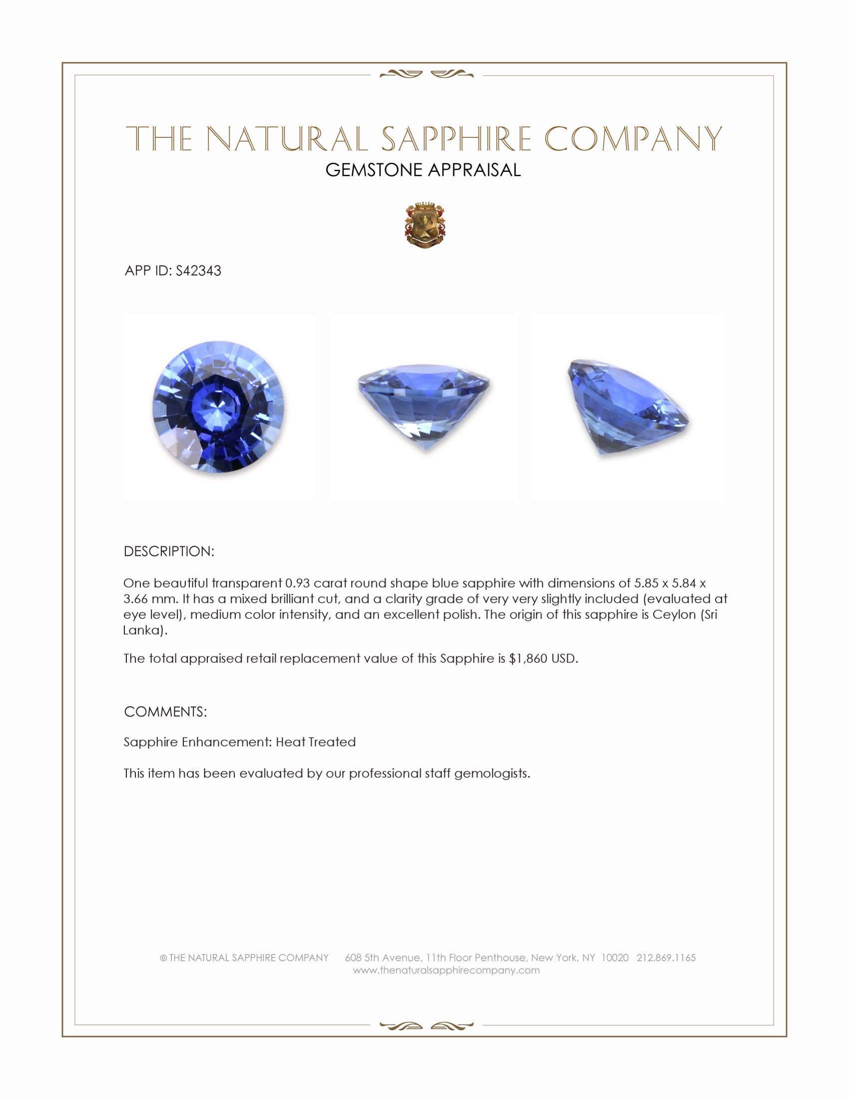 0.93 Ct. Blue Sapphire from Ceylon (Sri Lanka)