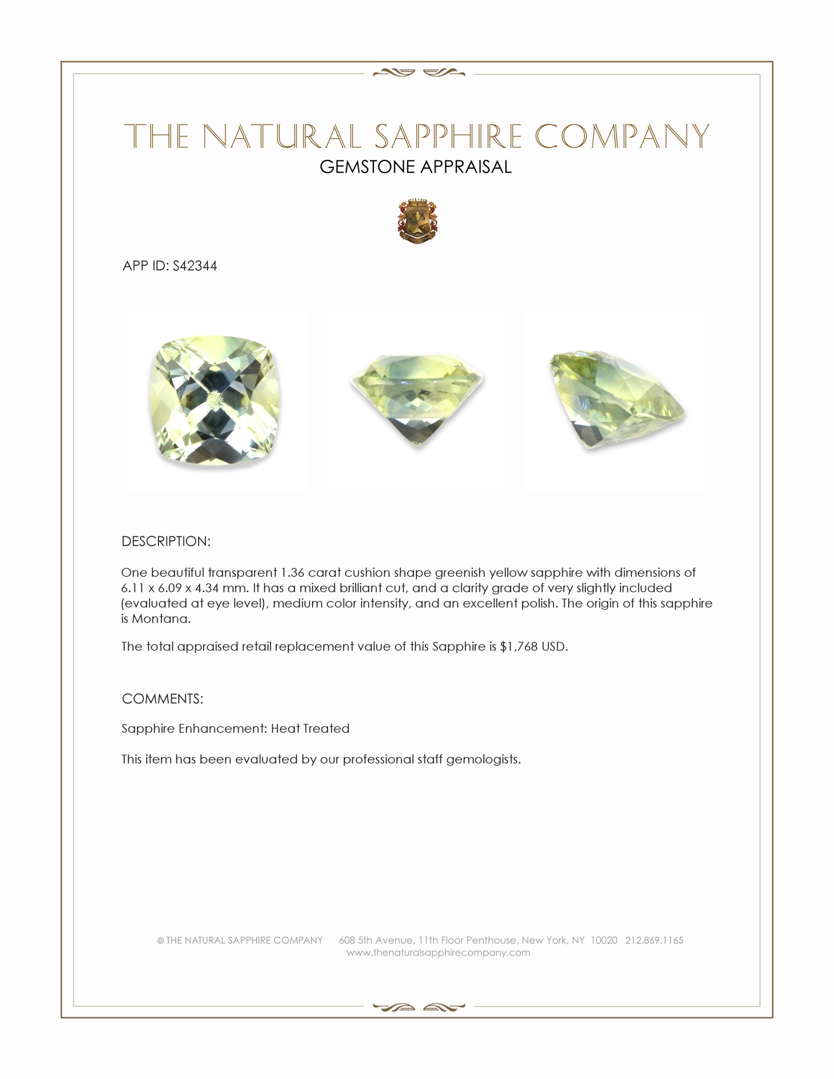 1.36 Ct. Greenish Yellow Sapphire from Montana