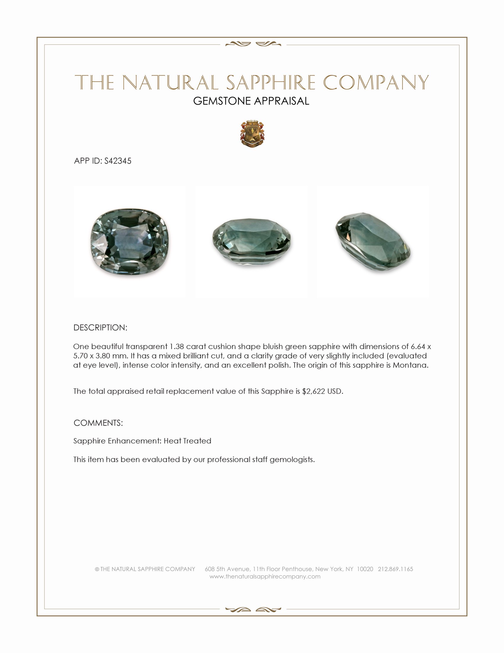 1.38 Ct. Bluish Green Sapphire from Montana