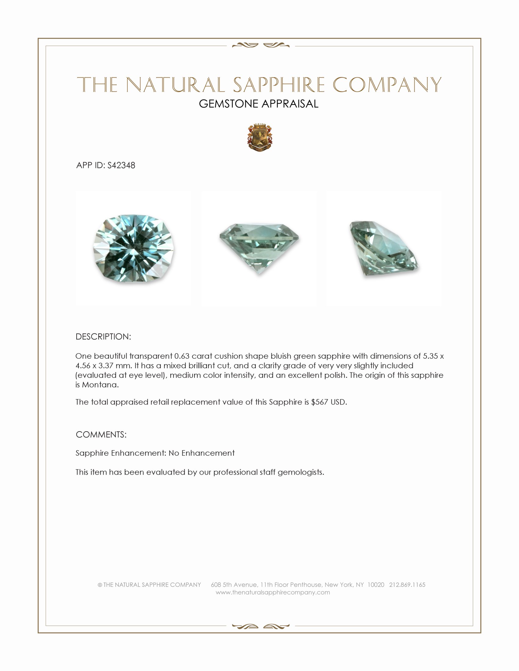 0.63 Ct. Bluish Green Sapphire from Montana