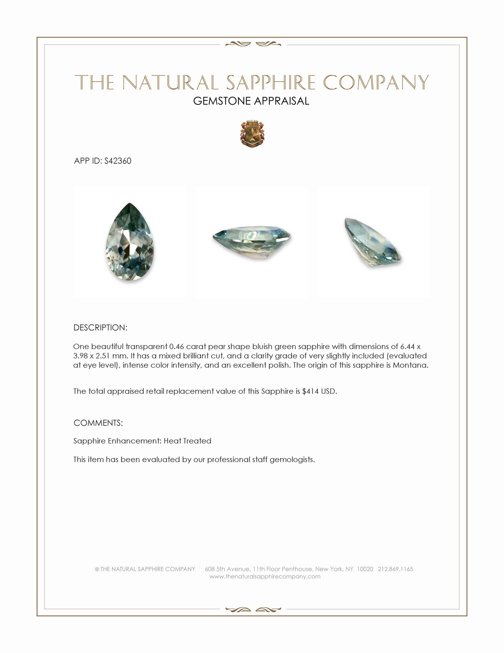 0.46 Ct. Bluish Green Sapphire from Montana