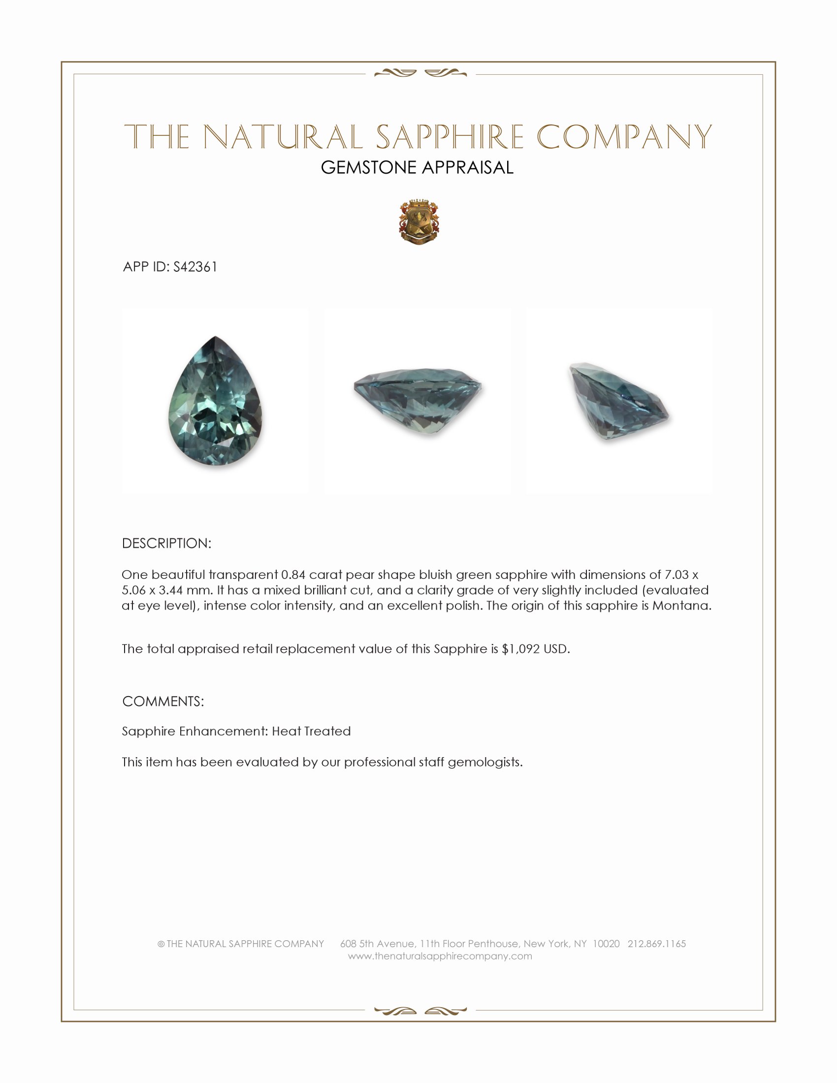 0.84 Ct. Bluish Green Sapphire from Montana
