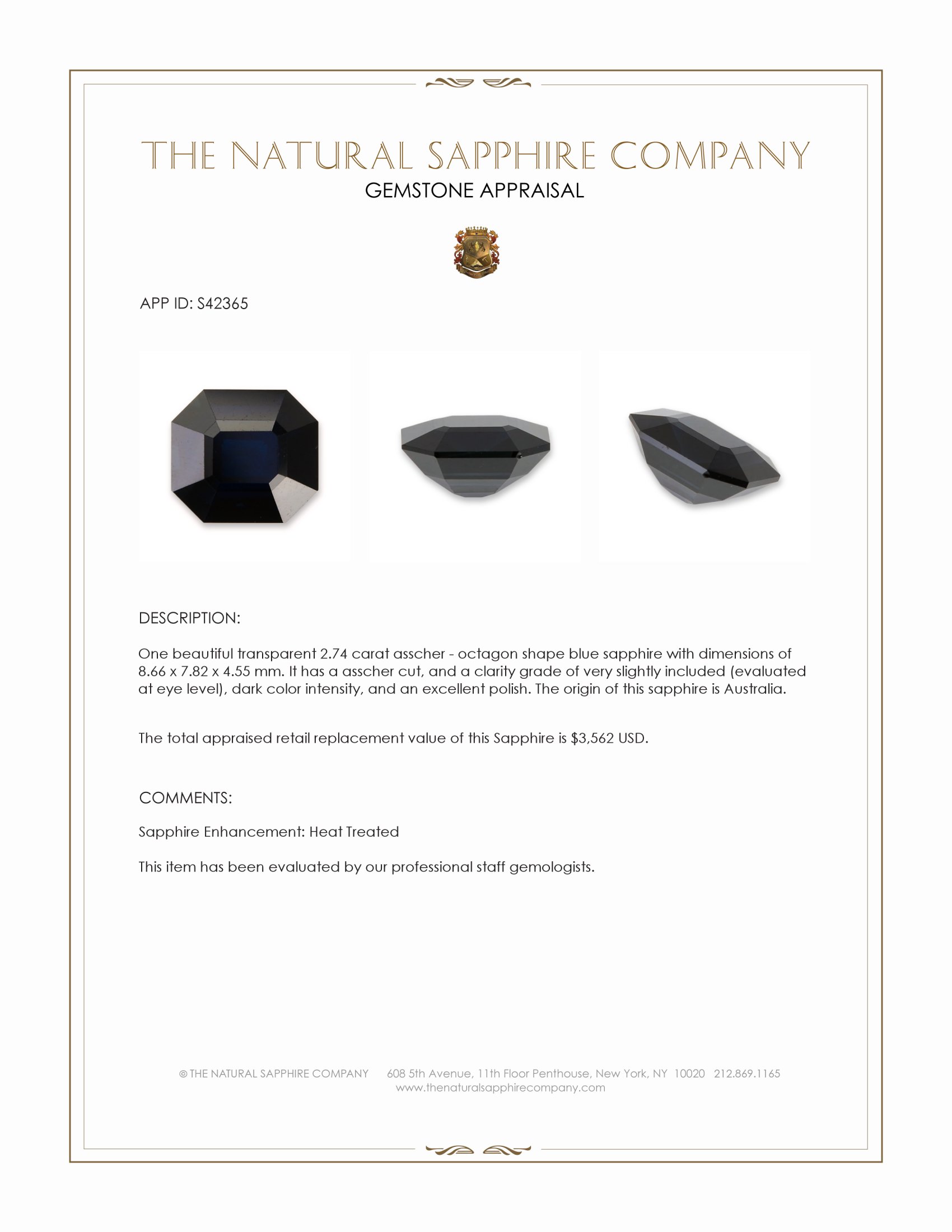 2.74 Ct. Blue Sapphire from Australia
