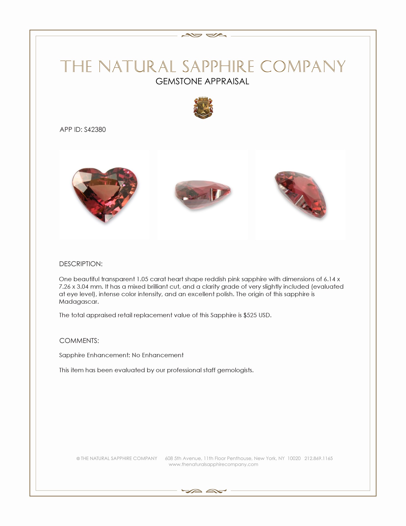 1.05 Ct. Reddish Pink Sapphire from Madagascar