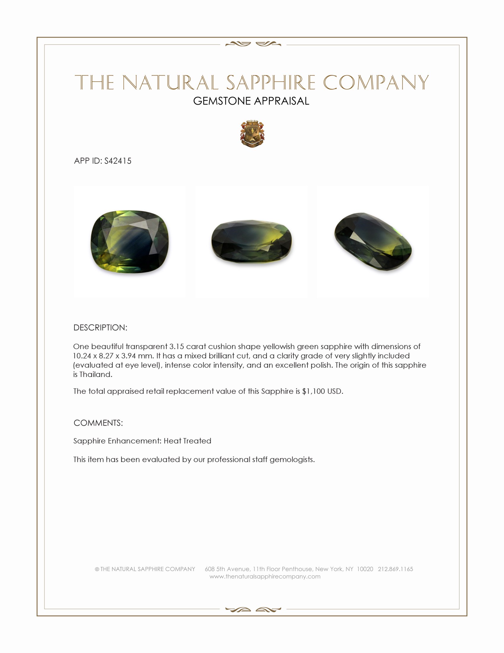 3.15 Ct. Yellowish Green Sapphire from Thailand