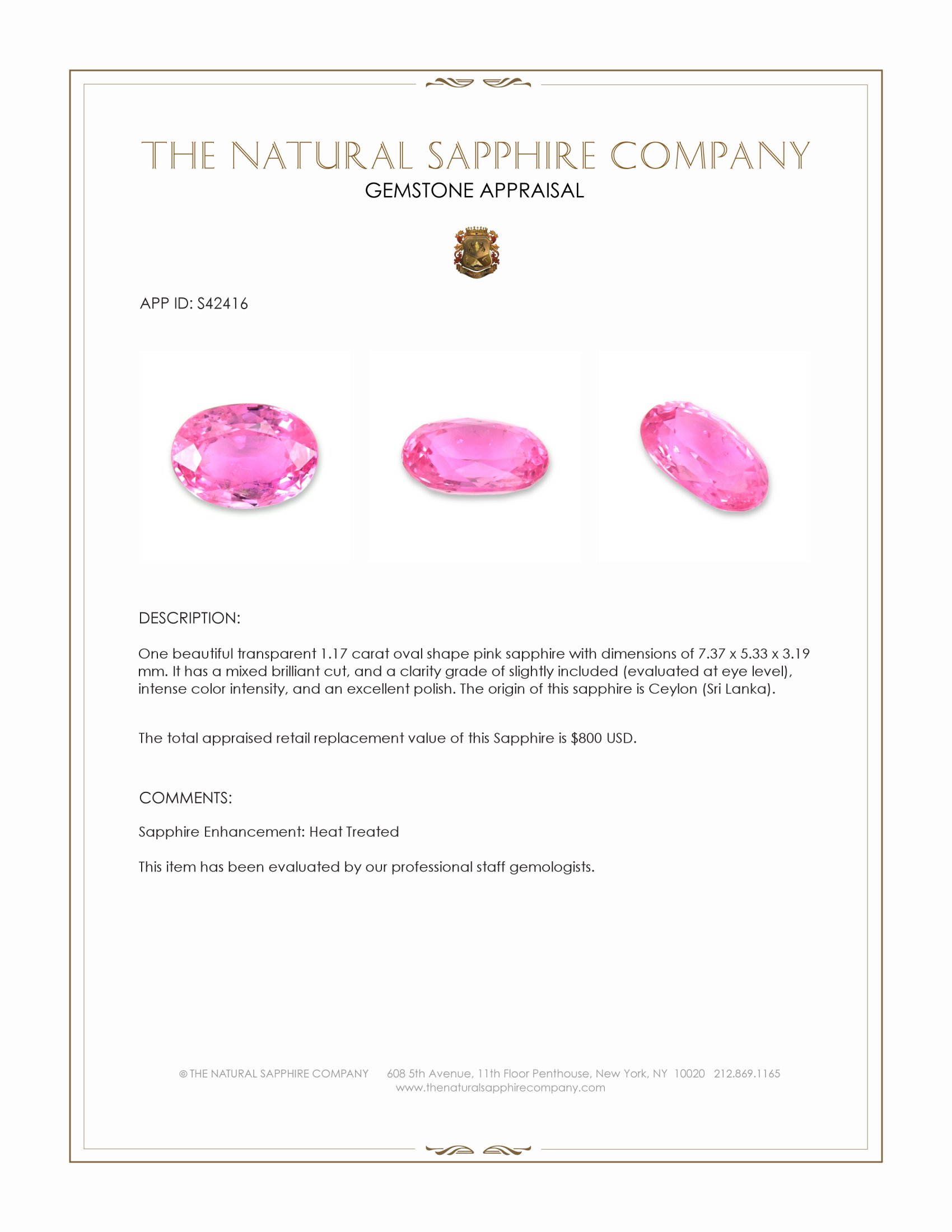 1.17 Ct. Pink Sapphire from Ceylon (Sri Lanka)