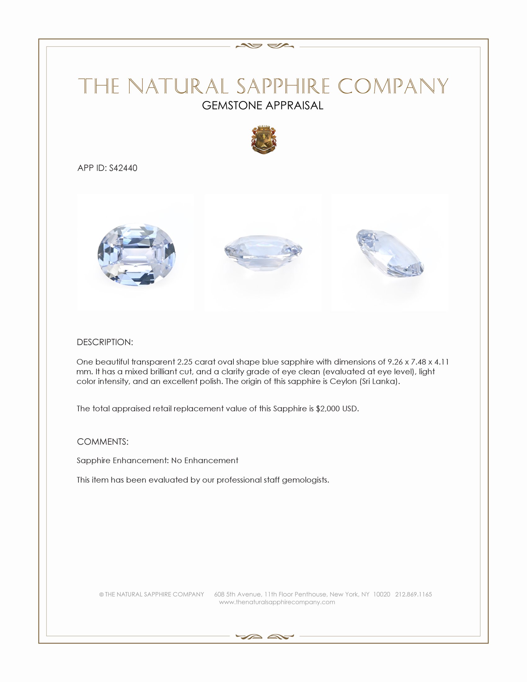 2.25 Ct. Blue Sapphire from Ceylon (Sri Lanka)