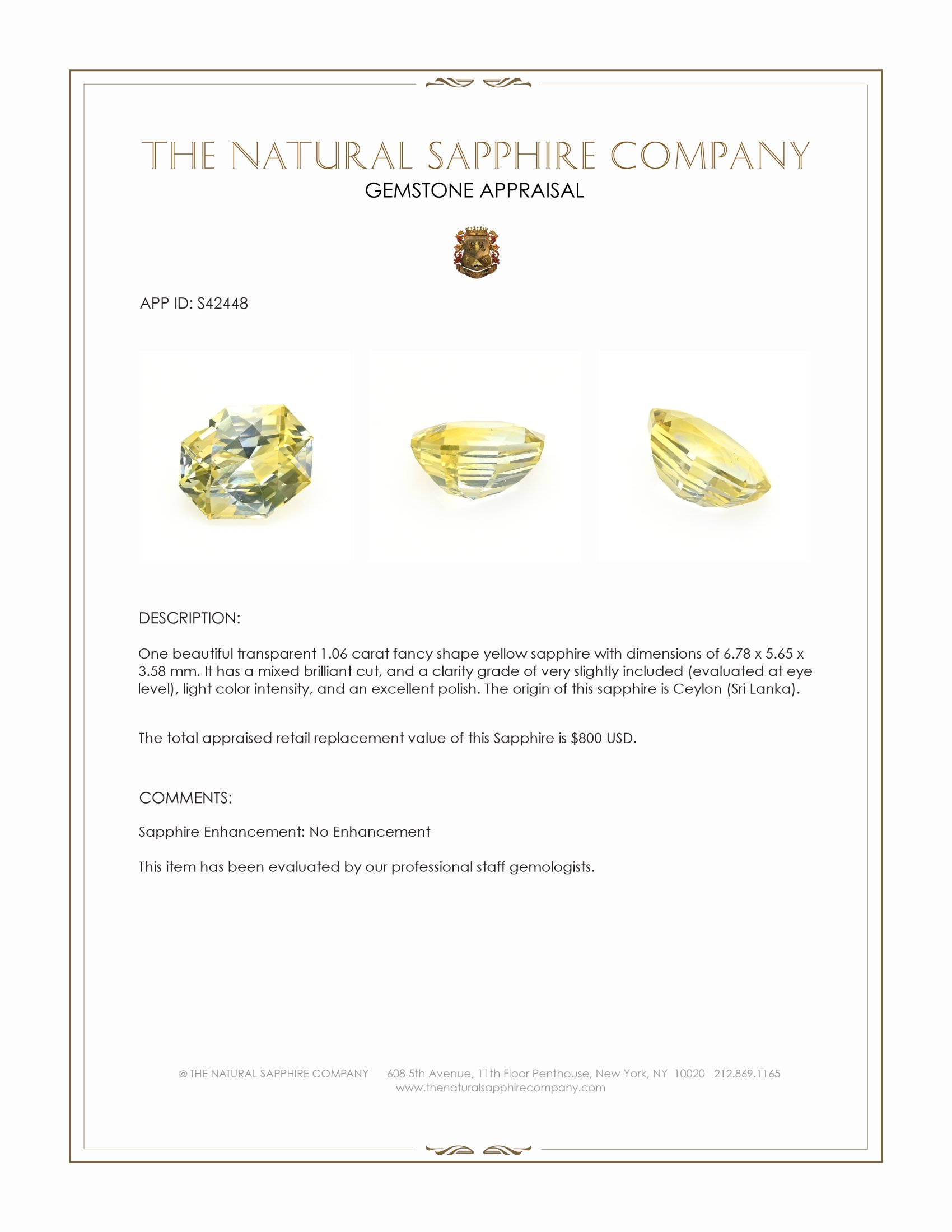 1.06 Ct. Yellow Sapphire from Ceylon (Sri Lanka)