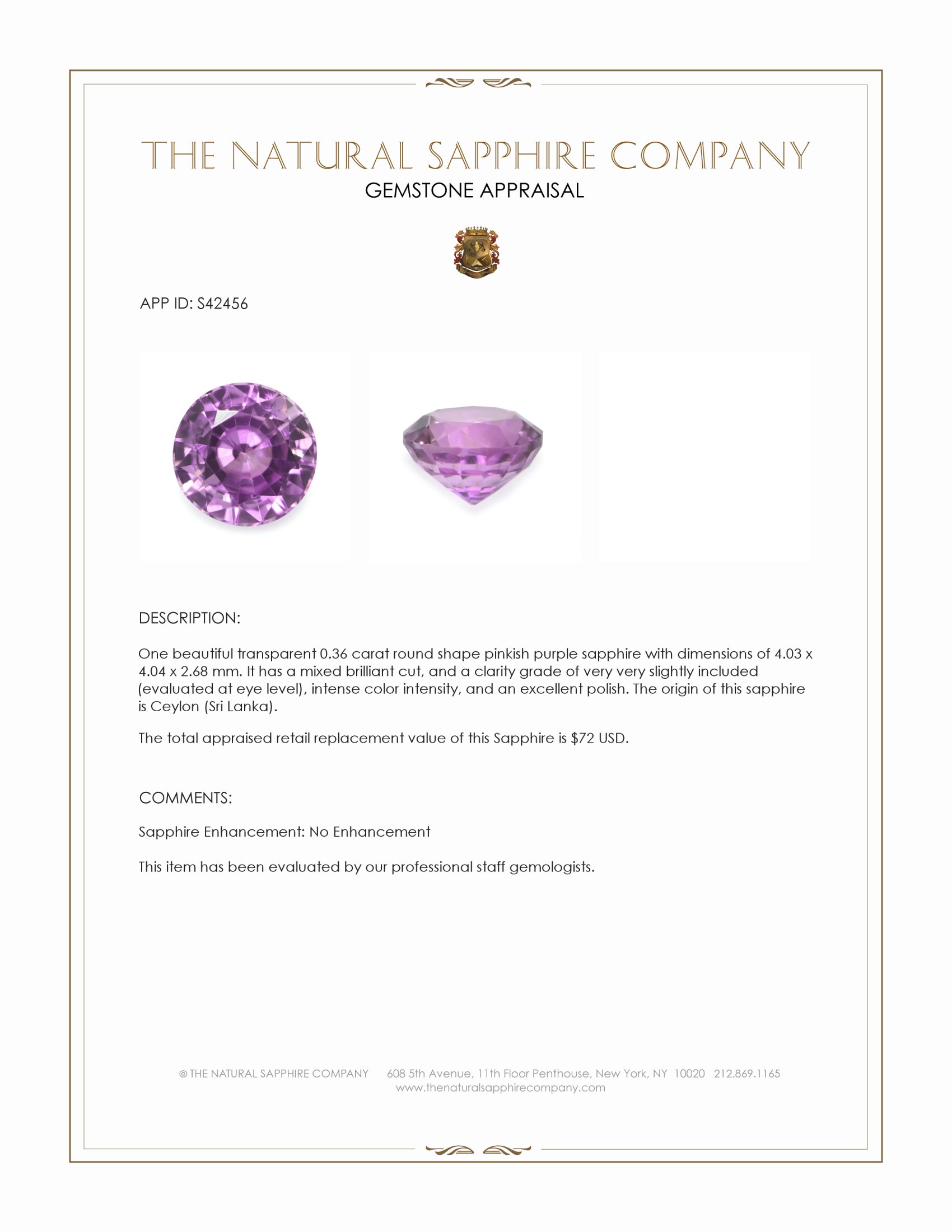0.36 Ct. Pinkish Purple Sapphire from Ceylon (Sri Lanka)