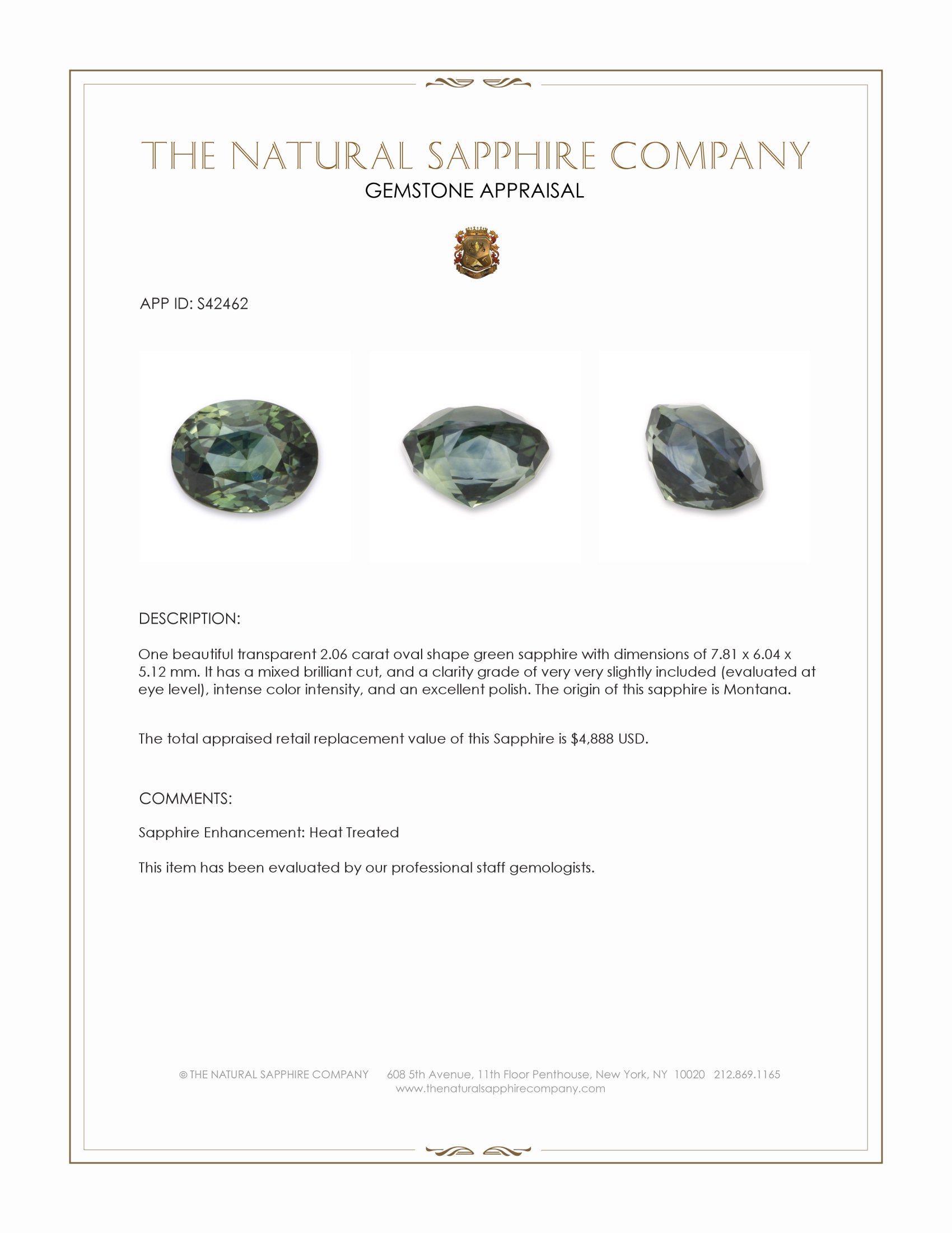 2.06 Ct. Green Sapphire from Montana