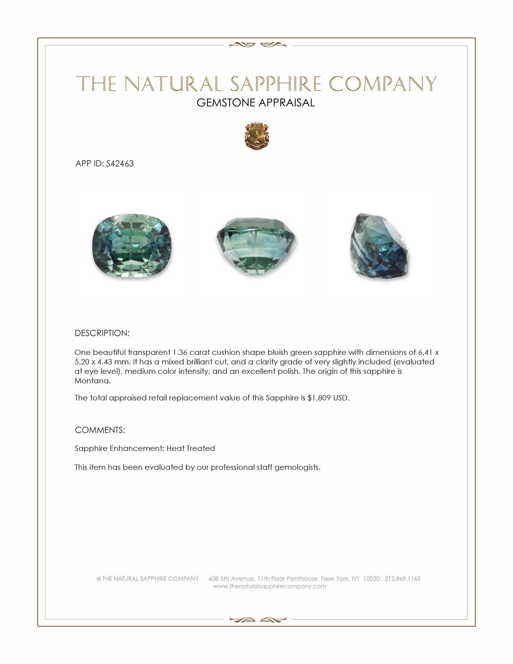 1.36 Ct. Bluish Green Sapphire from Montana
