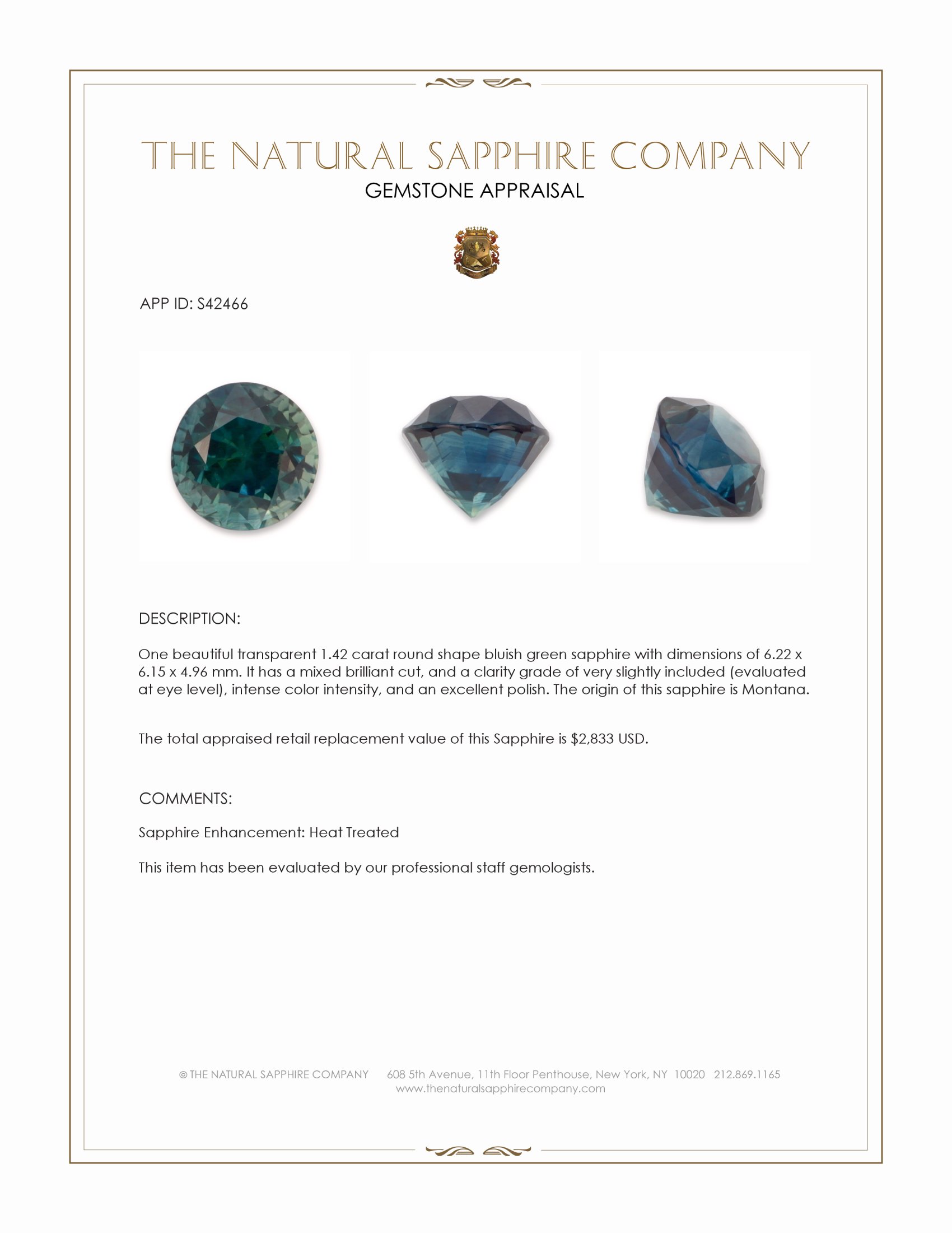 1.42 Ct. Bluish Green Sapphire from Montana