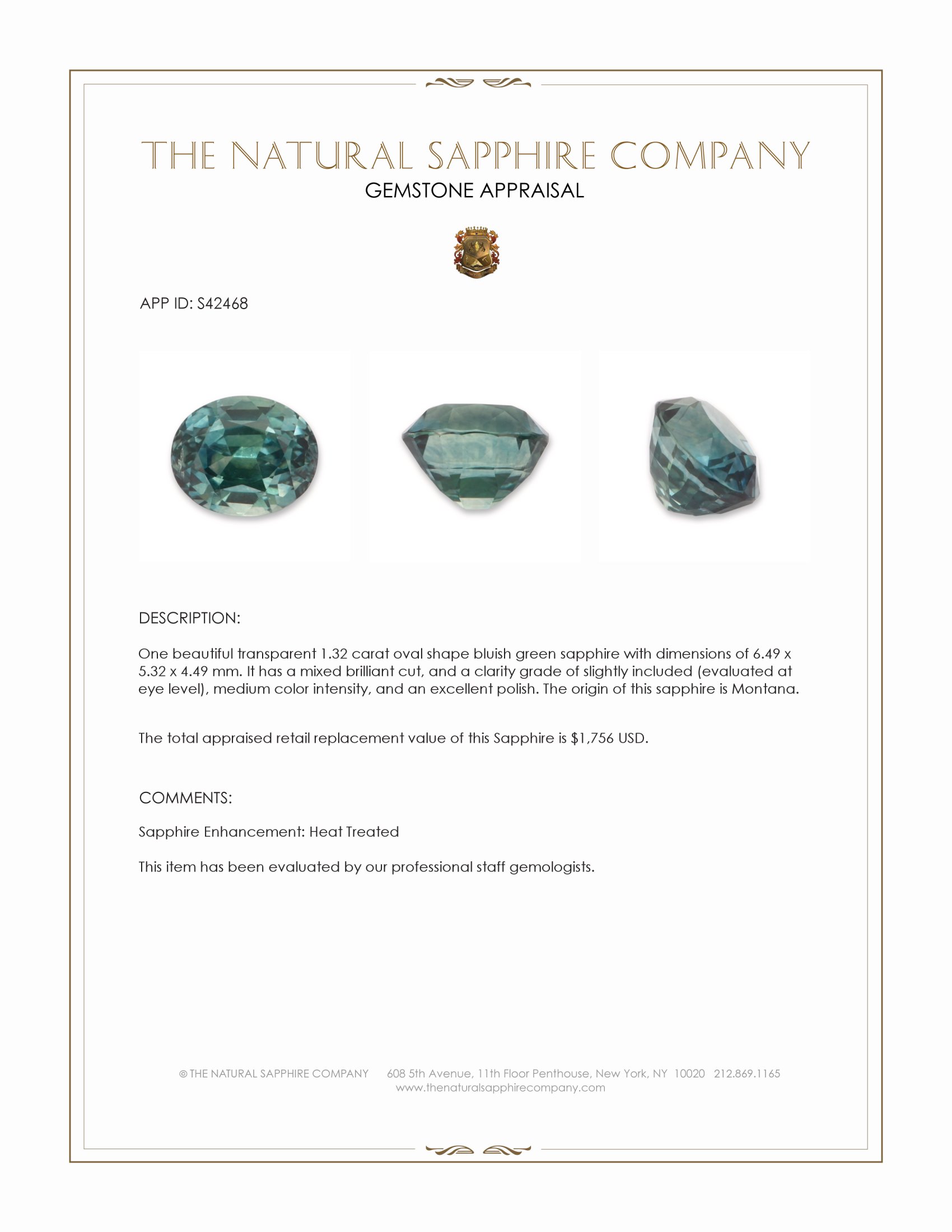 1.32 Ct. Bluish Green Sapphire from Montana