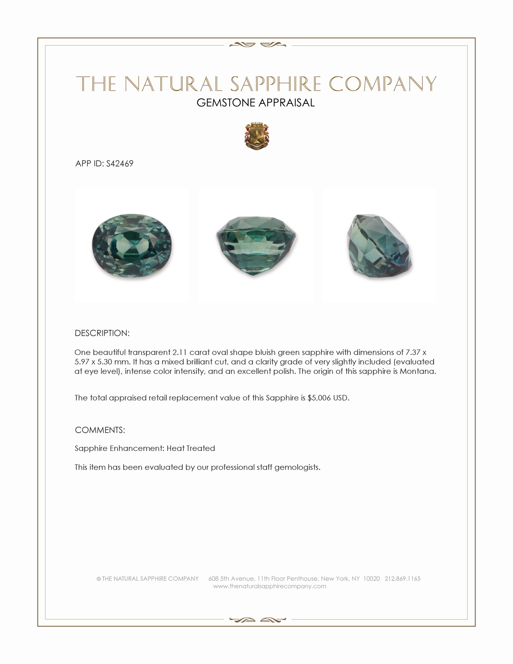 2.11 Ct. Bluish Green Sapphire from Montana