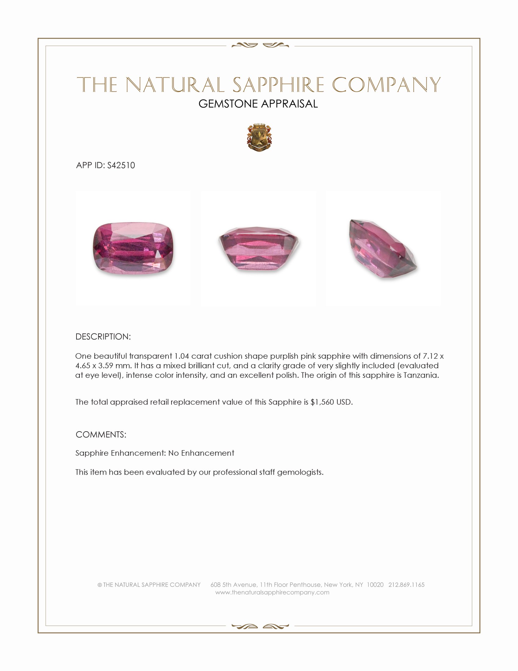 1.04 Ct. Purplish Pink Sapphire from Tanzania