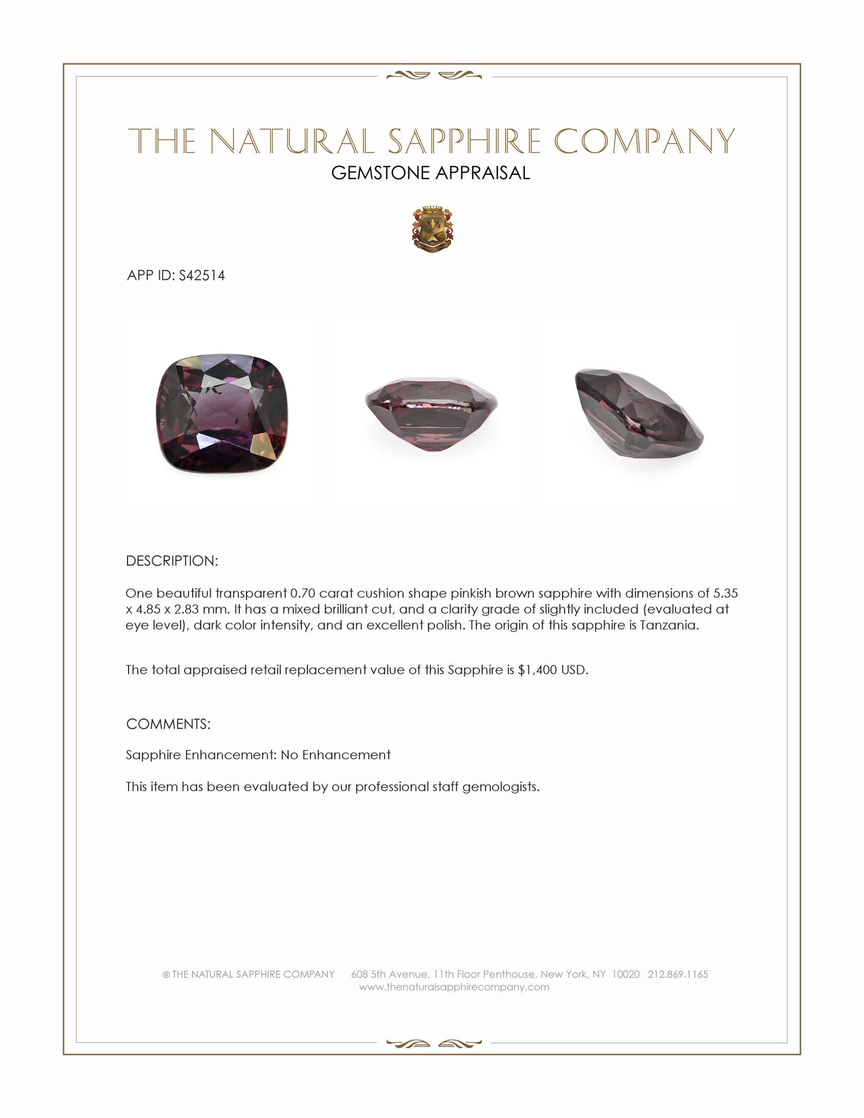 0.70 Ct. Pinkish Brown Sapphire from Tanzania