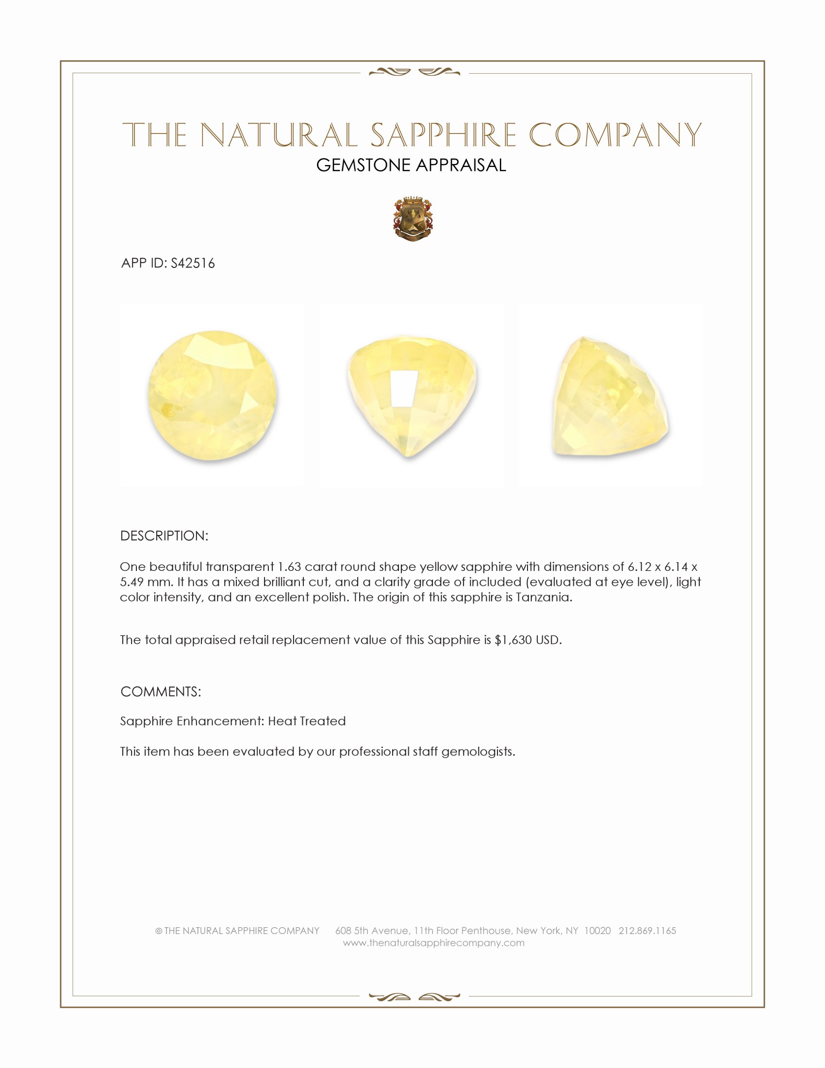 1.63 Ct. Yellow Sapphire from Tanzania