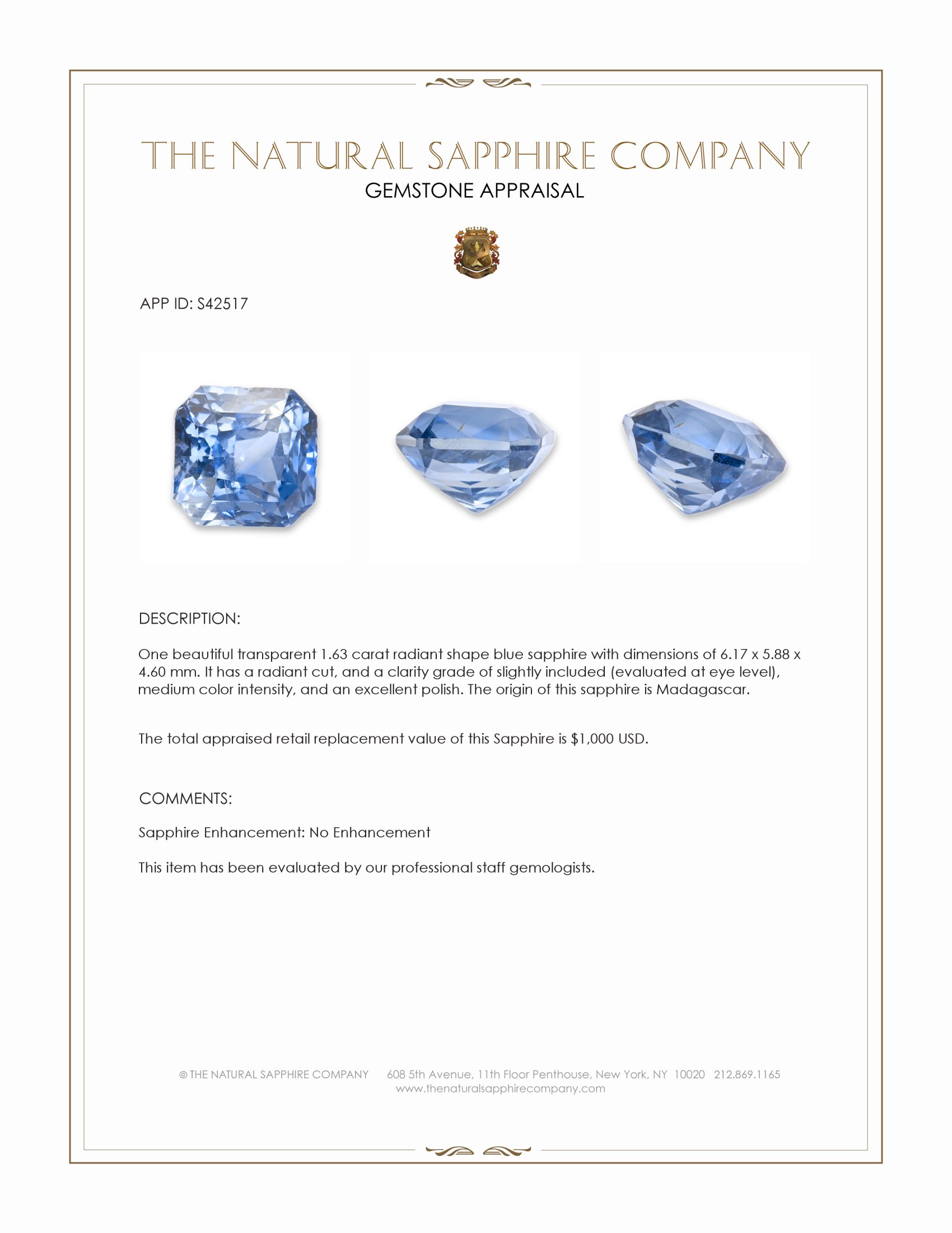 1.63 Ct. Blue Sapphire from Madagascar
