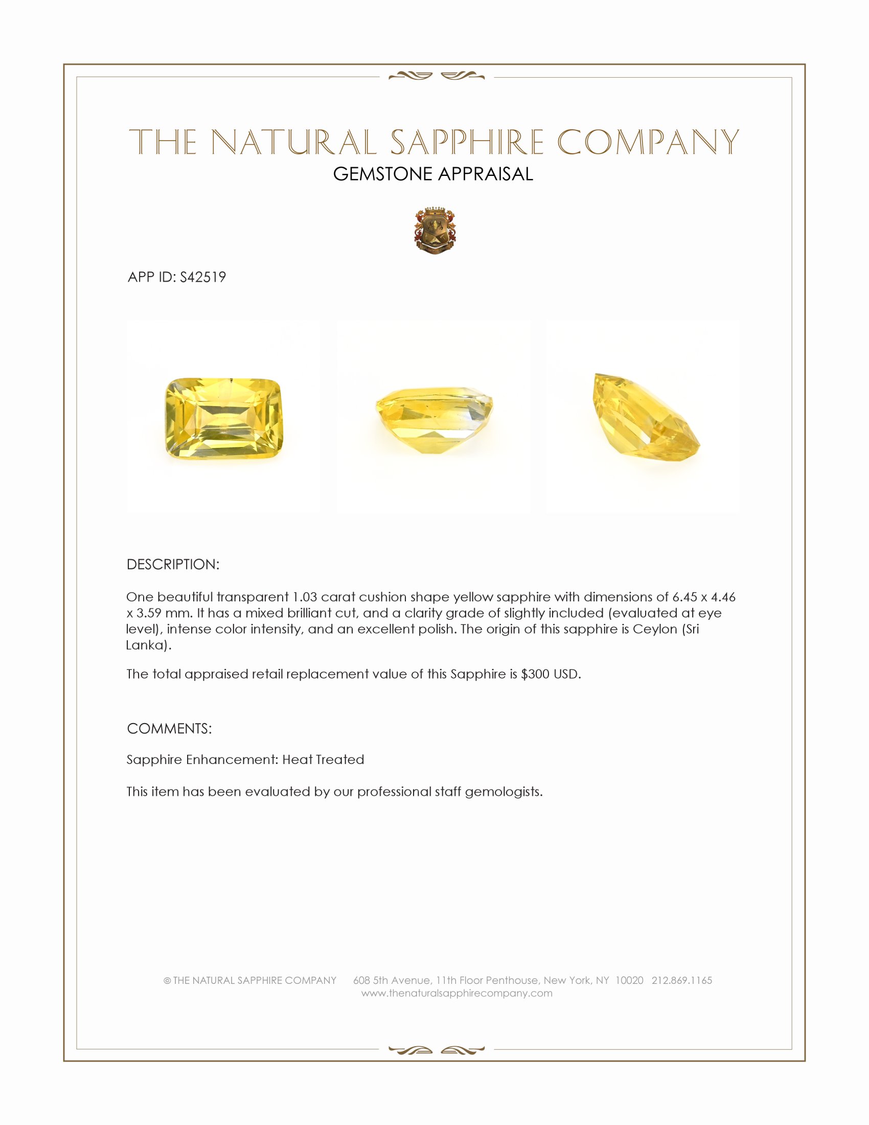 1.03 Ct. Yellow Sapphire from Ceylon (Sri Lanka)