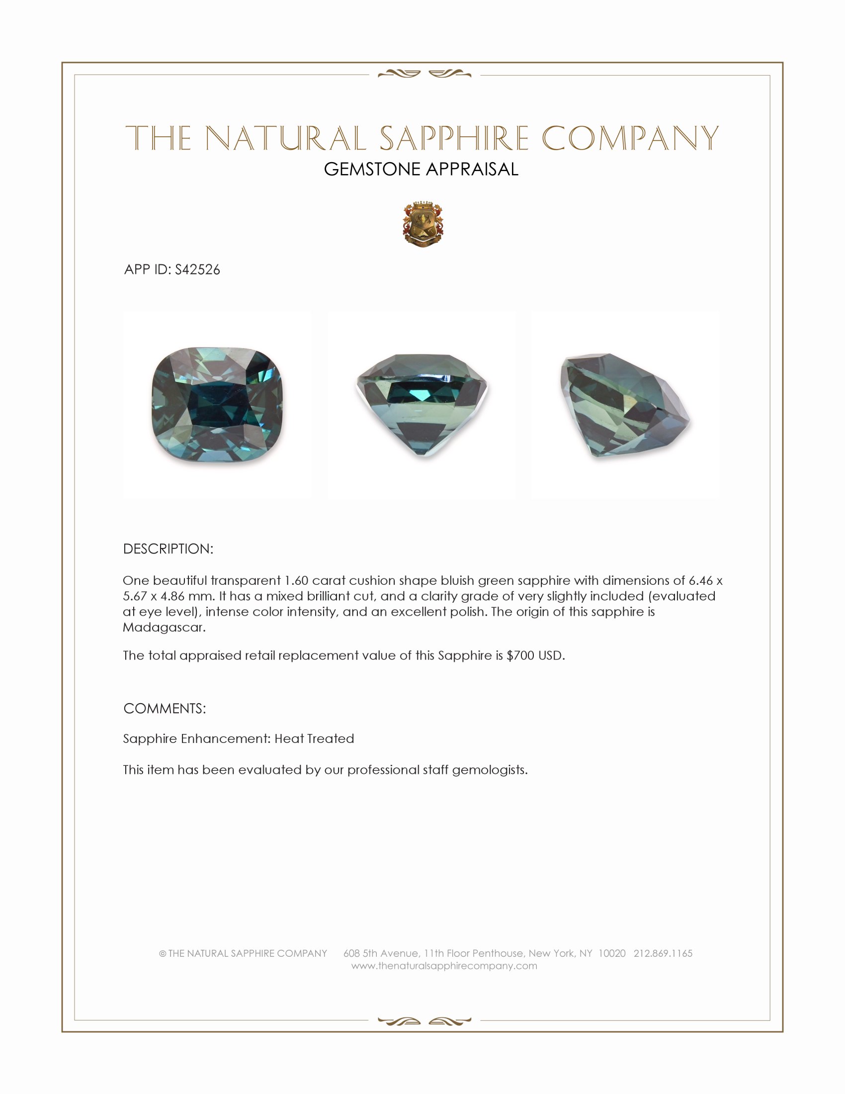 1.60 Ct. Bluish Green Sapphire from Madagascar