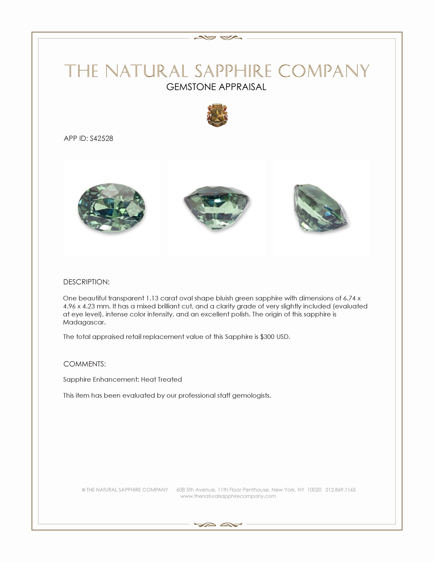 1.13 Ct. Bluish Green Sapphire from Madagascar
