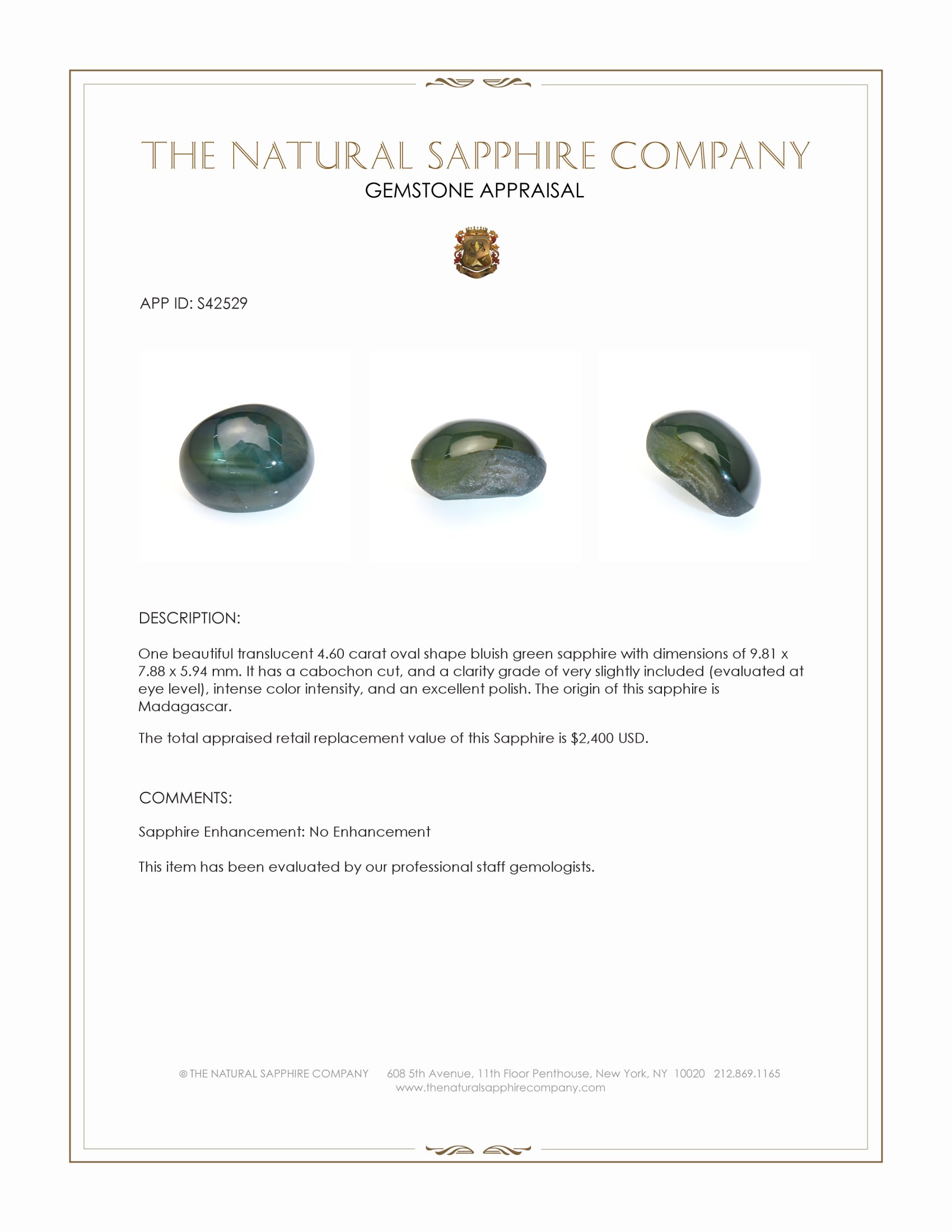 4.60 Ct. Bluish Green Cabochon Sapphire from Madagascar
