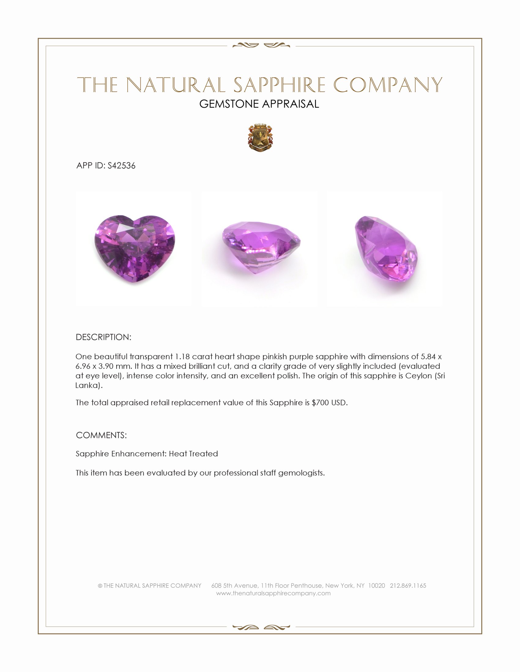 1.18 Ct. Pinkish Purple Sapphire from Ceylon (Sri Lanka)