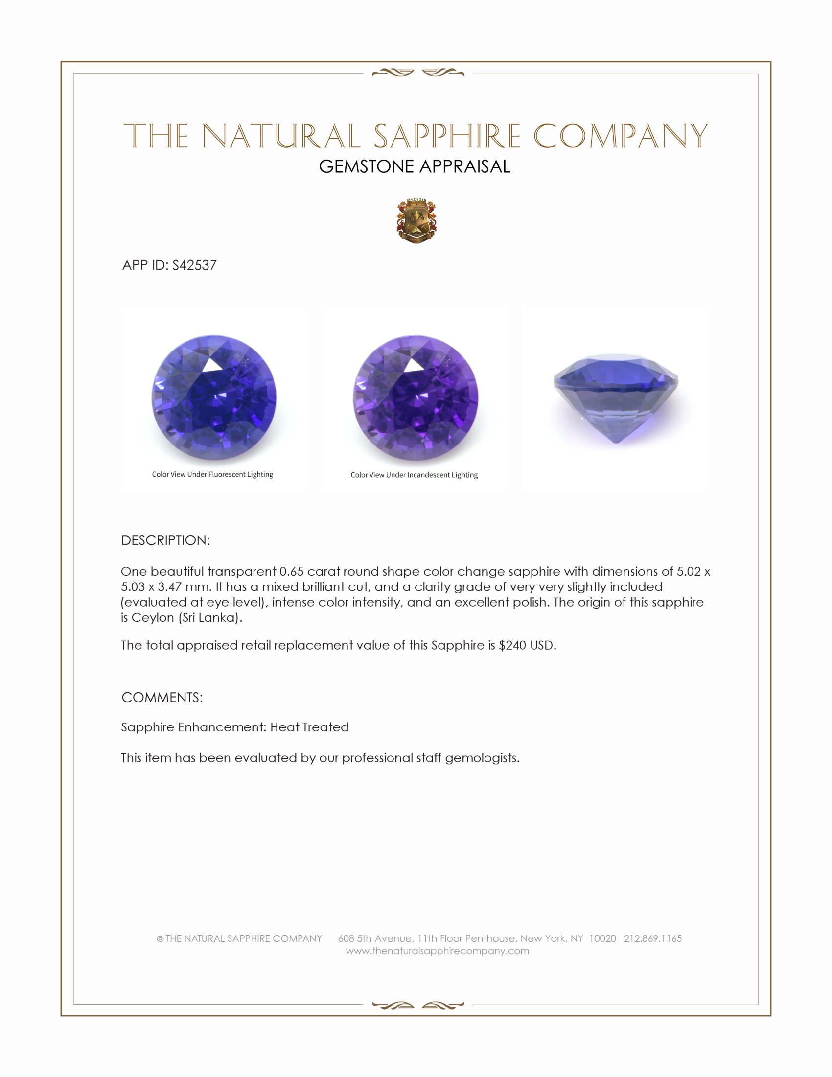 0.65 Ct. Color Change Sapphire from Ceylon (Sri Lanka)