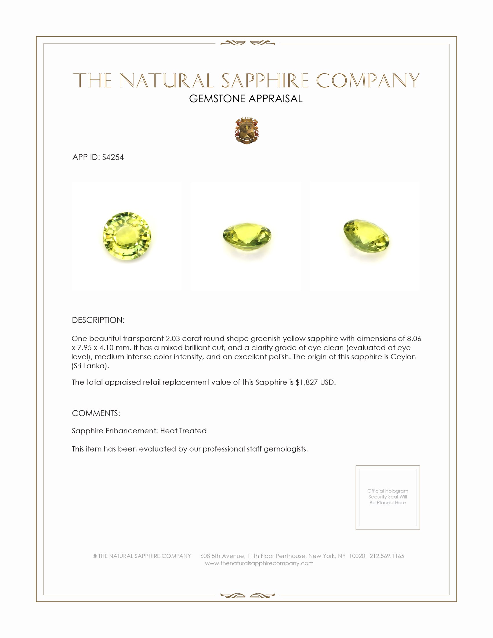 2.03 Ct. Greenish Yellow Sapphire from Ceylon (Sri Lanka)